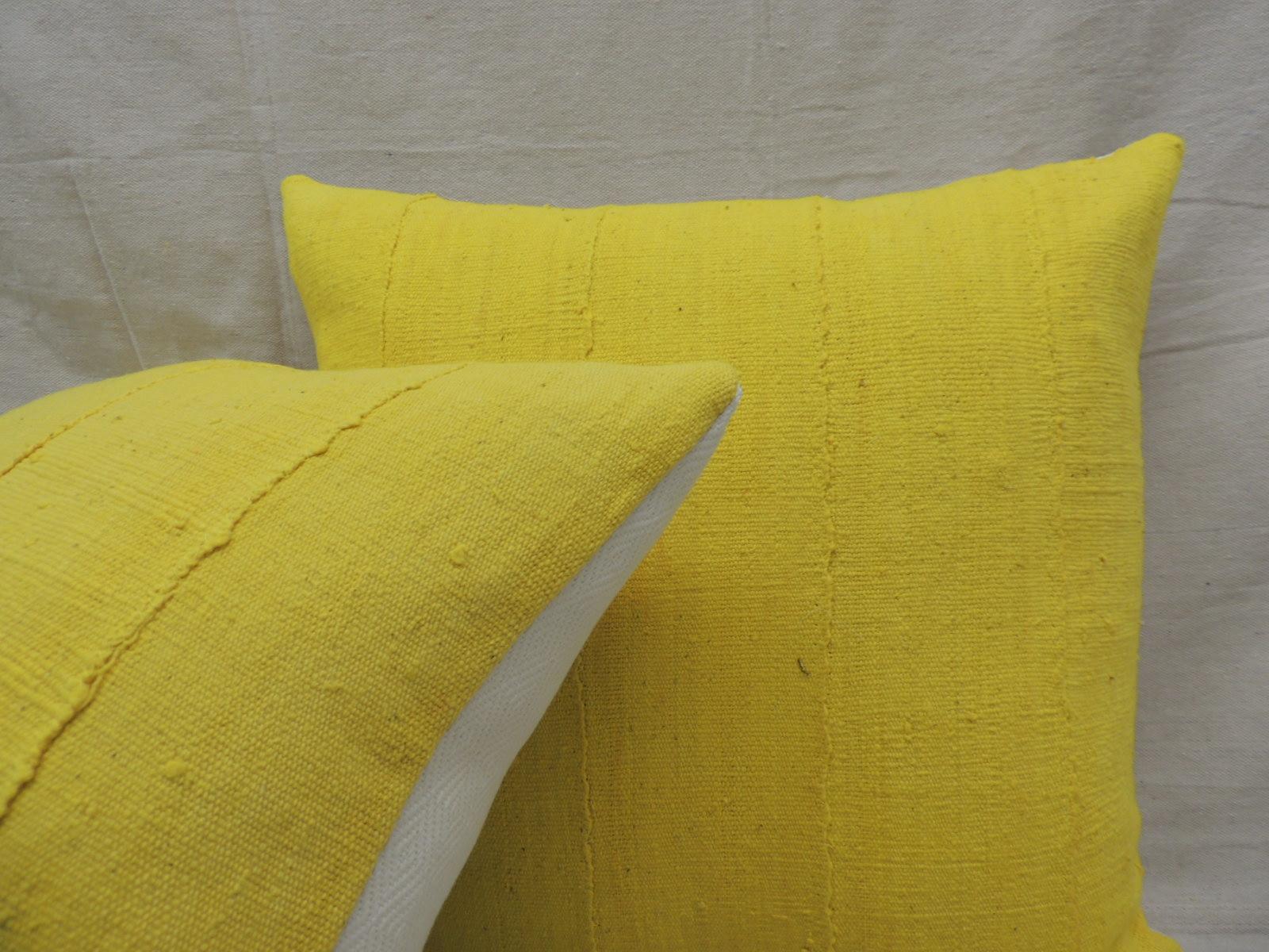 Malian Pair of Vintage Canary Yellow African Mud Cloth Square Decorative Pillows