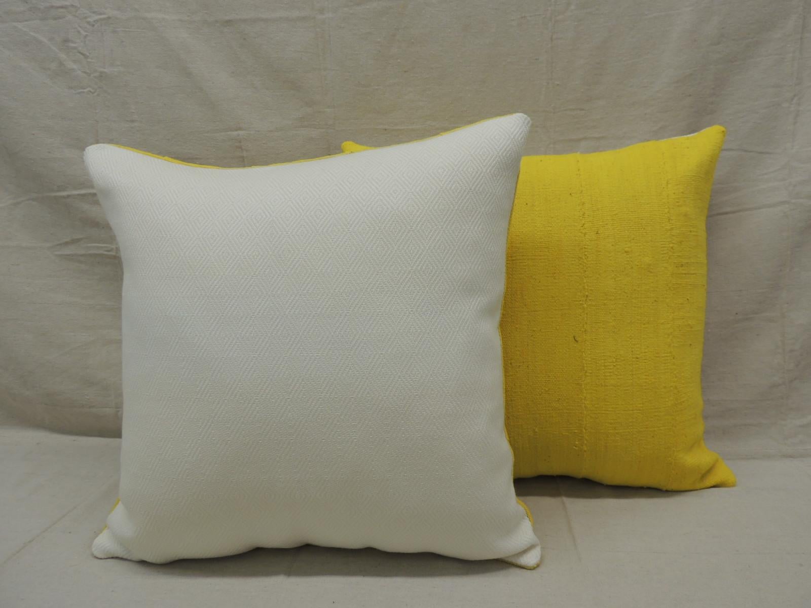 Hand-Crafted Pair of Vintage Canary Yellow African Mud Cloth Square Decorative Pillows