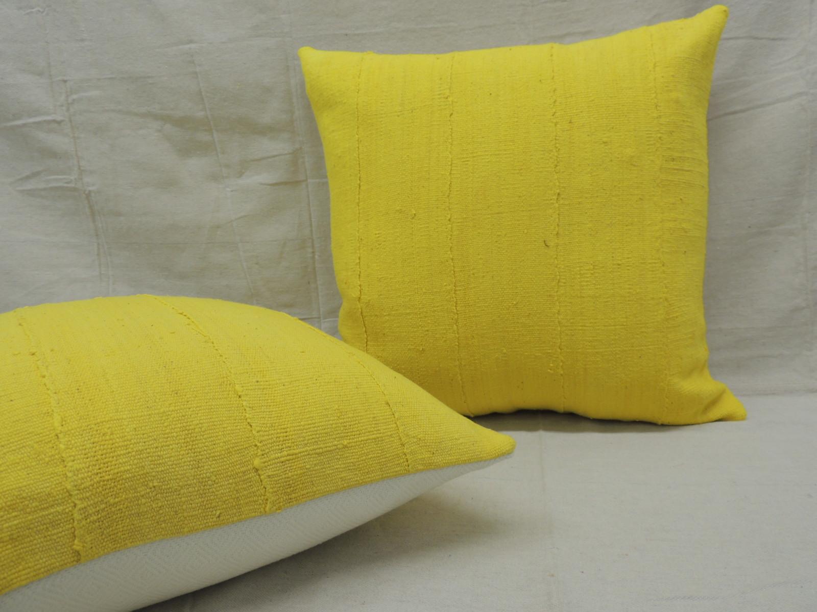 Pair of Vintage Canary Yellow African Mud Cloth Square Decorative Pillows In Good Condition In Oakland Park, FL