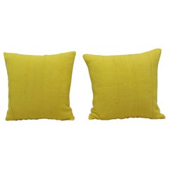 Pair of Vintage Canary Yellow African Mud Cloth Square Decorative Pillows