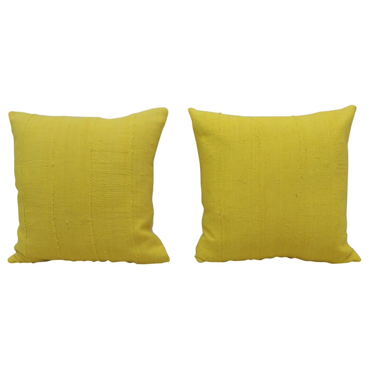 Pair of Vintage Canary Yellow African Mud Cloth Square Decorative Pillows