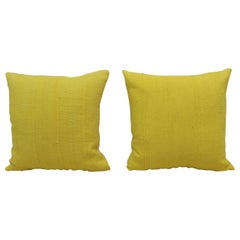 Pair of Vintage Canary Yellow African Mud Cloth Square Decorative Pillows