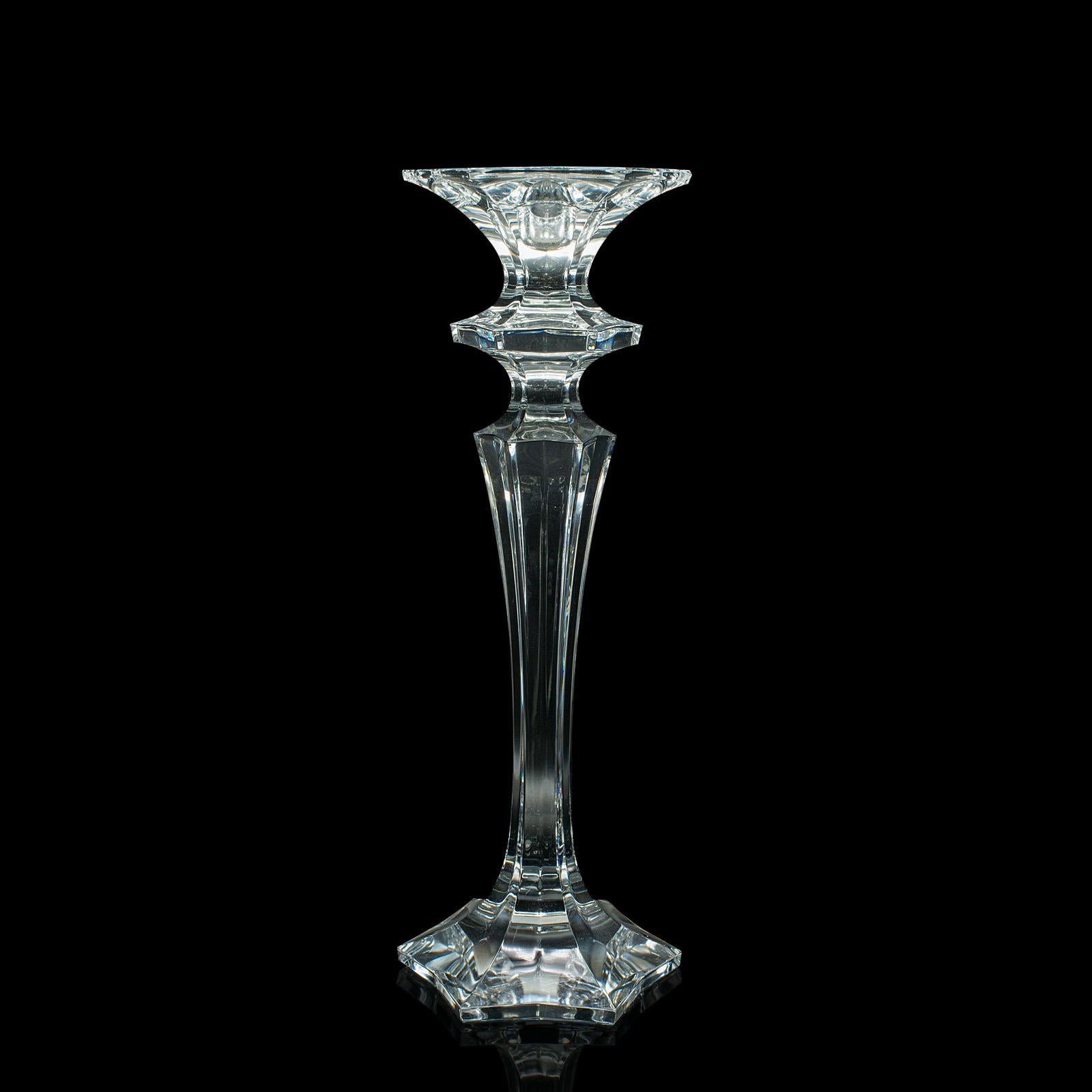 This is a pair of vintage candlesticks. An English, glass decorative candle nozzle, dating to the late 20th century, circa 1970.

Add a delightful decorative touch to your centrepiece
Displaying a desirable aged patina throughout
Quality glass