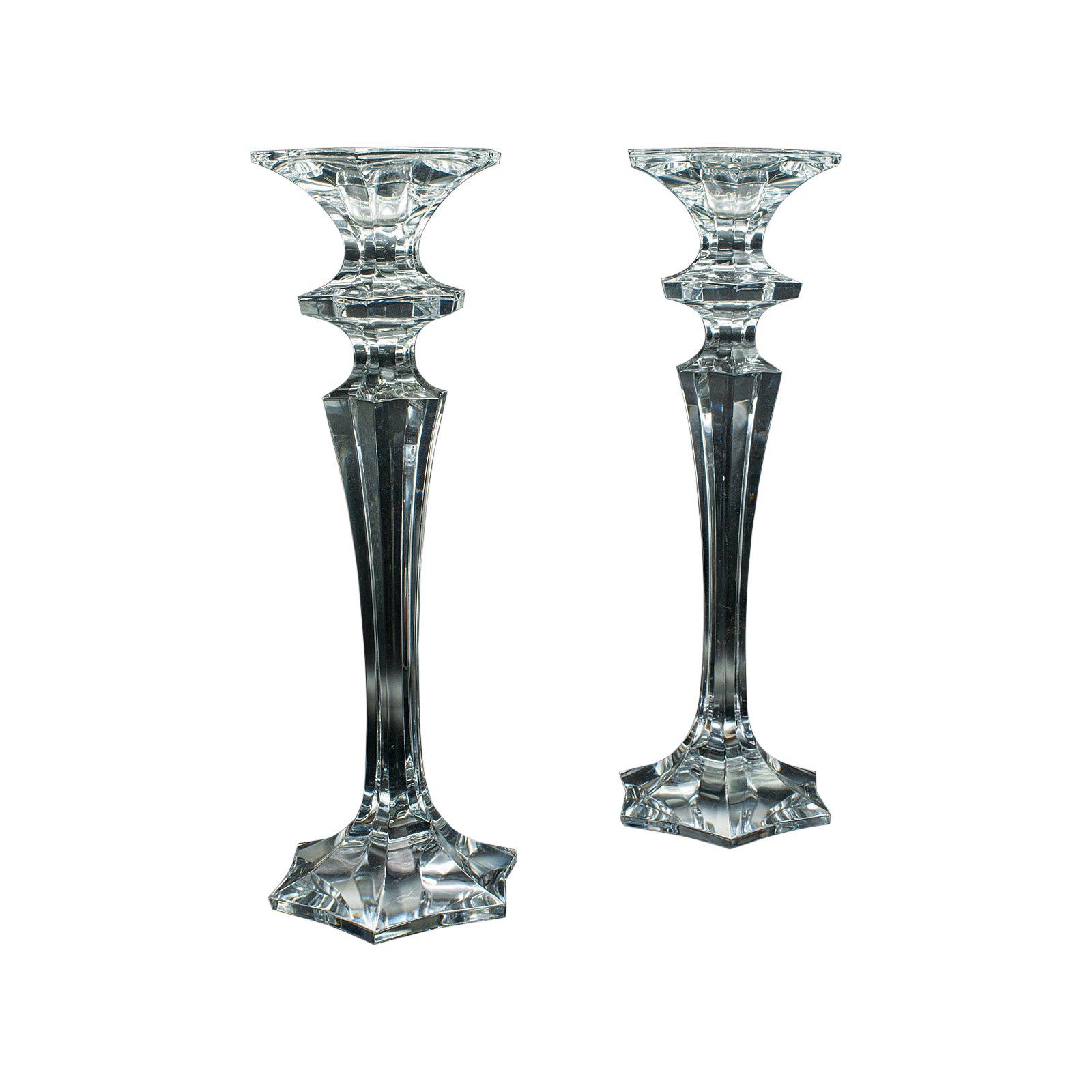 Pair Of Vintage Candlesticks, English, Glass, Decorative Candle Nozzle, C.1970