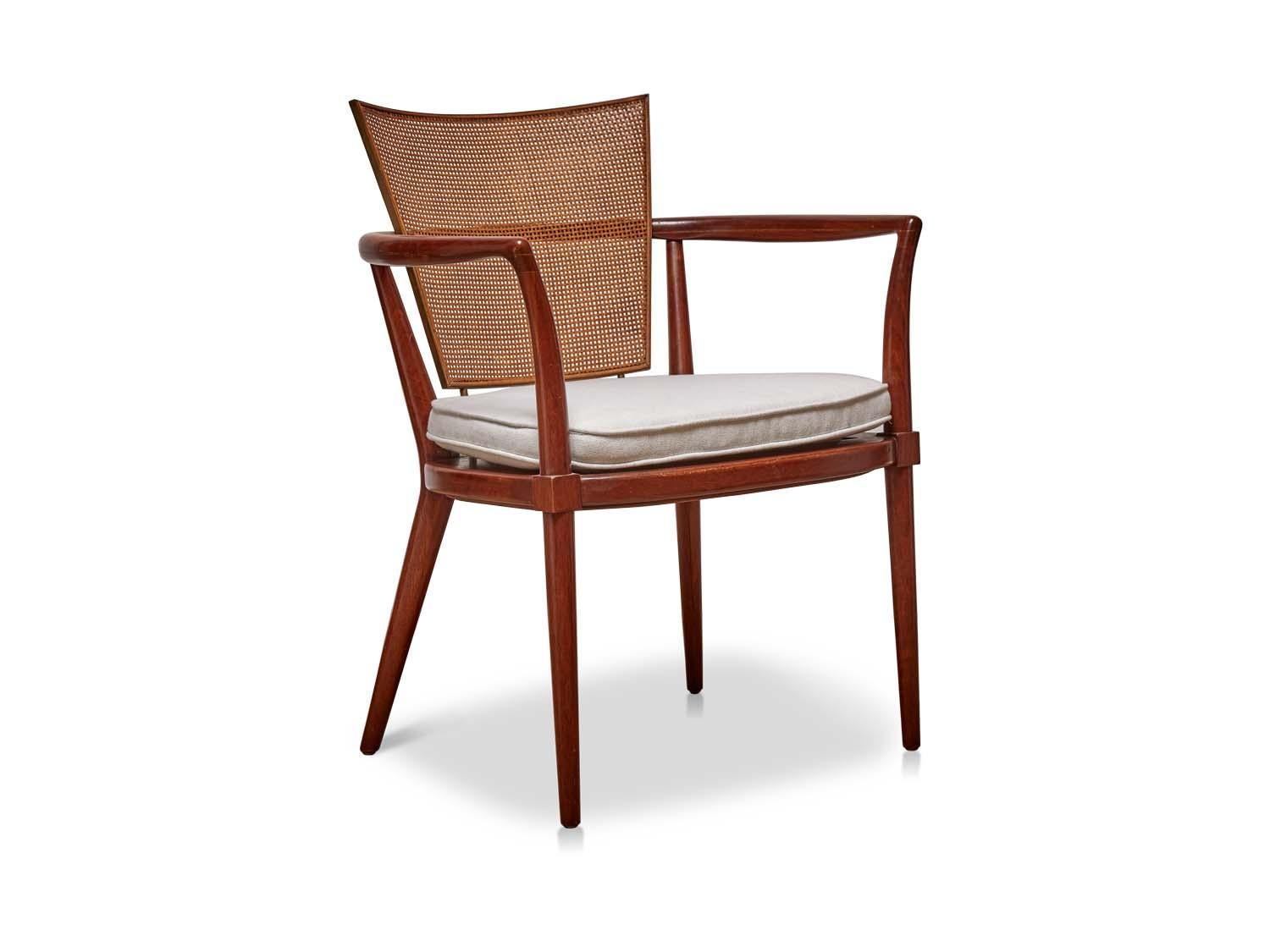 Pair of vintage cane back chairs by Bert England
Dimensions: 33 W x 18 D x 31 H x 15 SH
Sculptural lounge chairs by CA designer Bert England for Johnson Furniture. Walnut frames, caned backs and brass details, circa 1955.