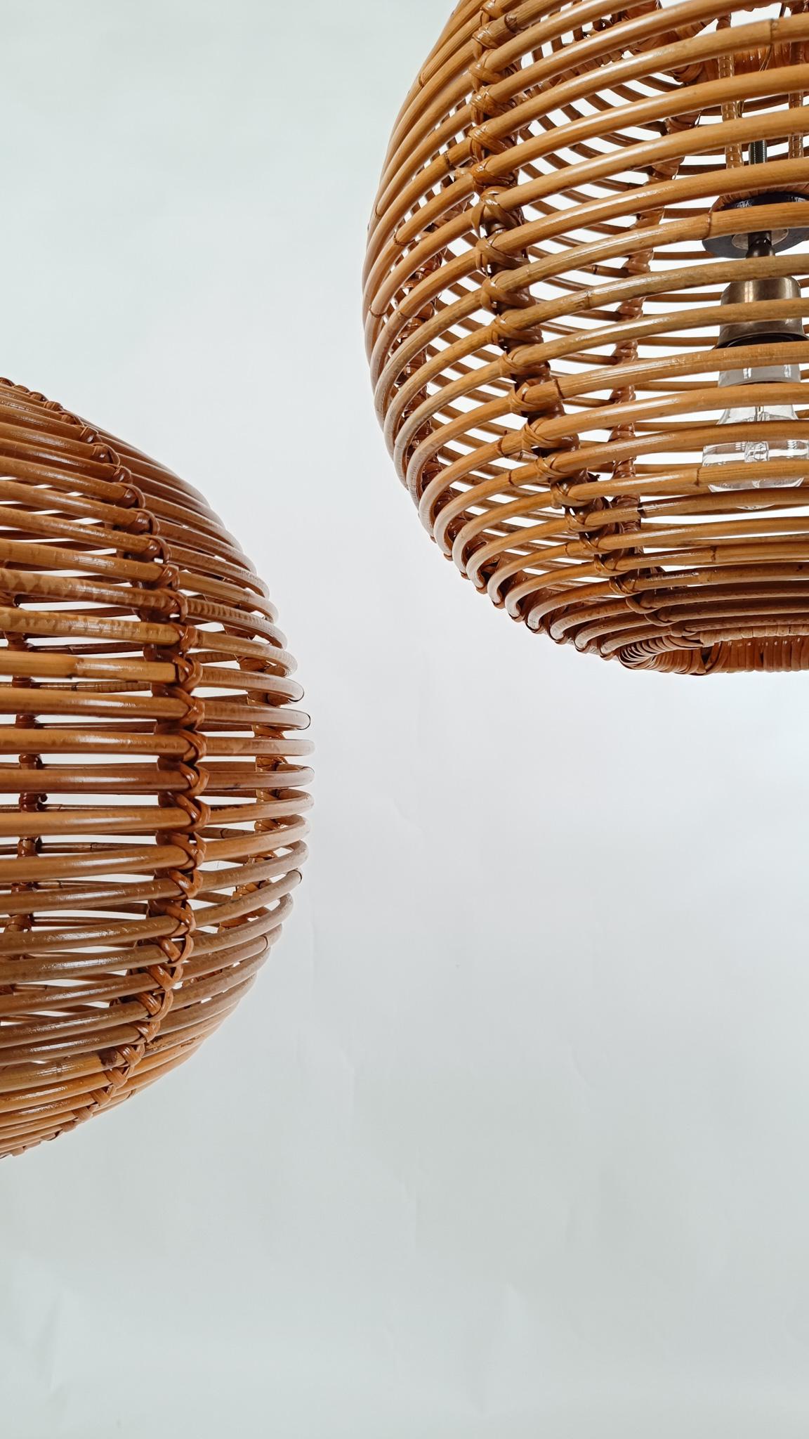 Pair of  Vintage Cane & Rattan Globe Pendants or Hanging Lights, 1970s For Sale 4