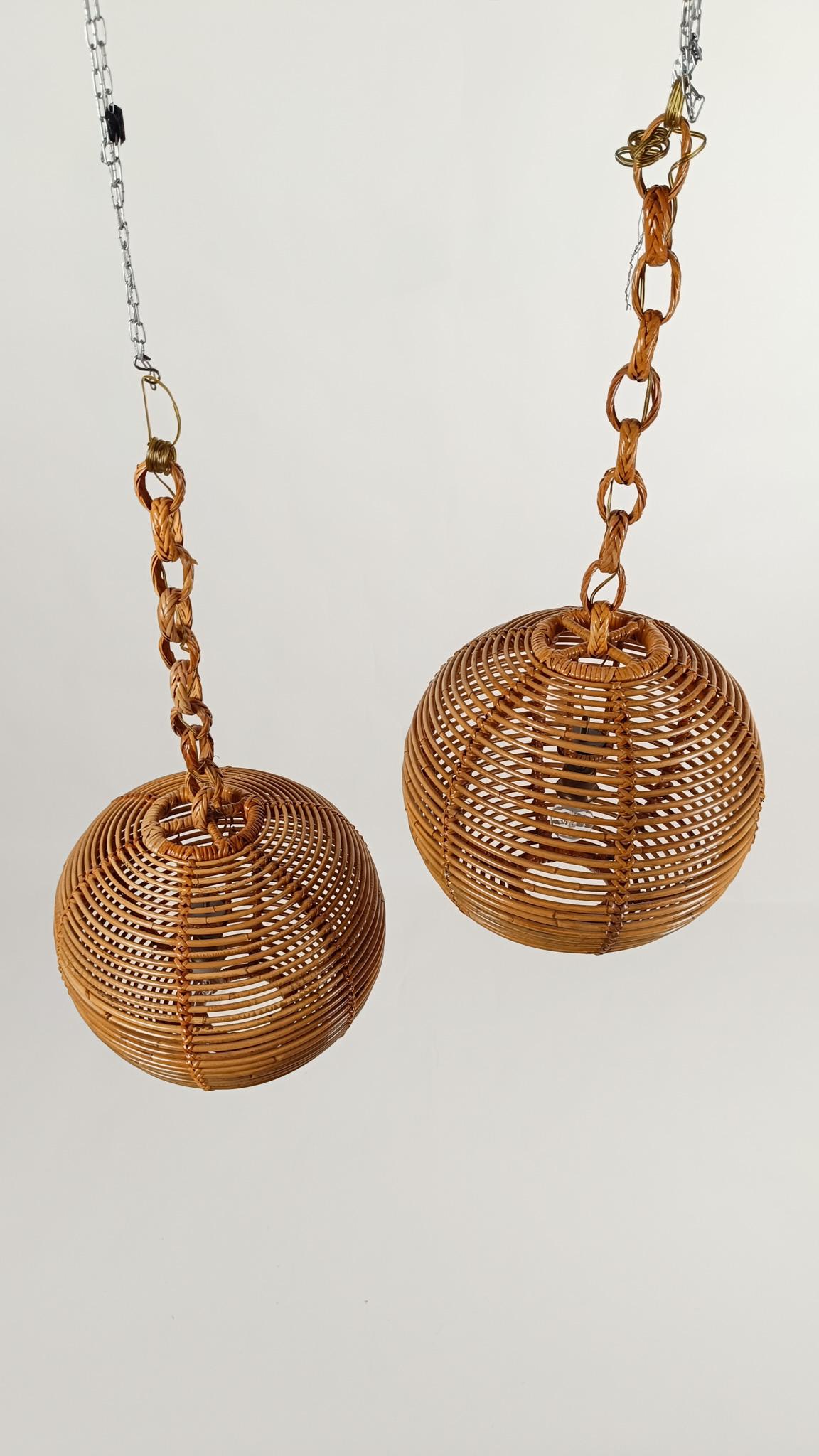 Pair of  Vintage Cane & Rattan Globe Pendants or Hanging Lights, 1970s For Sale 5