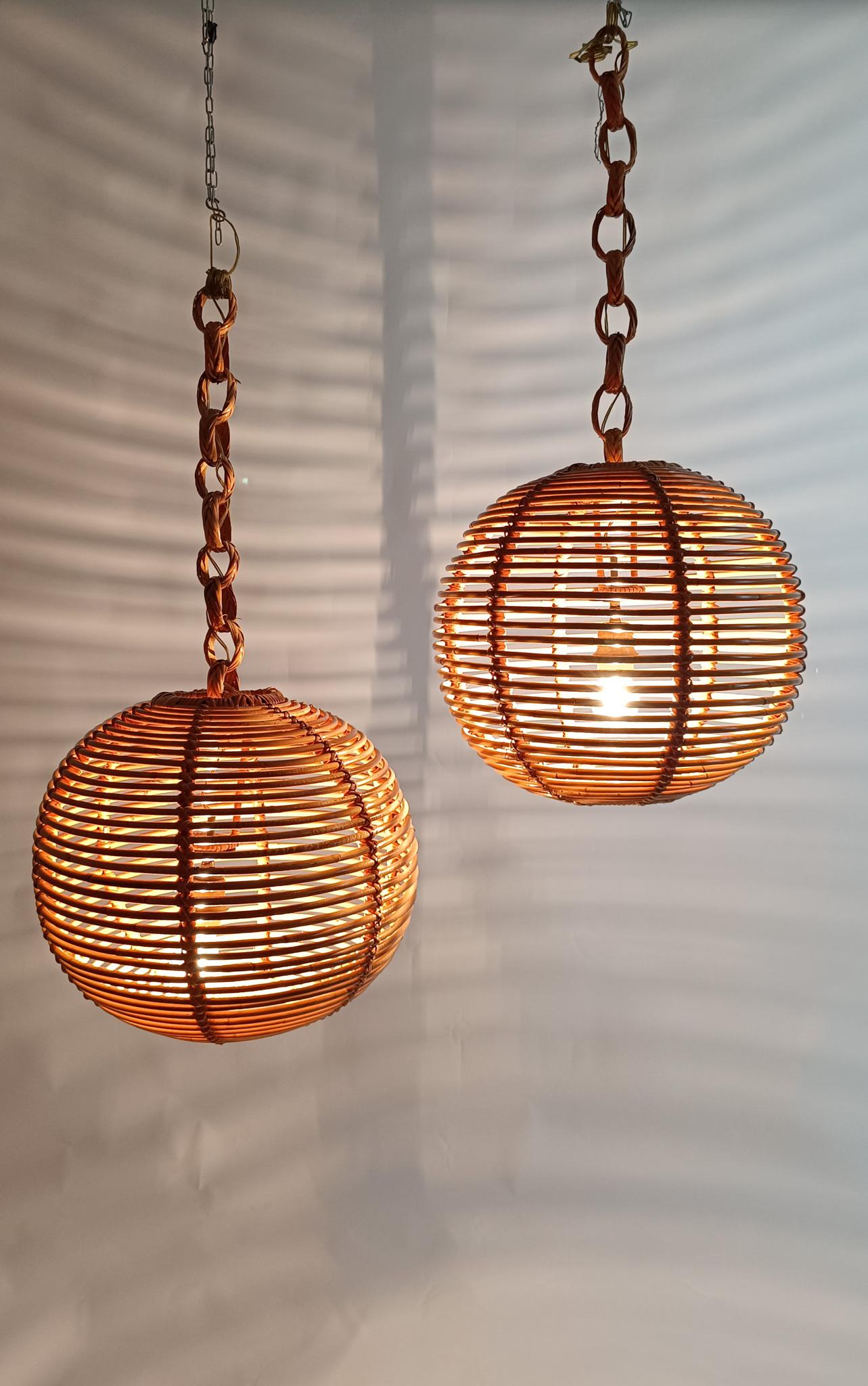 Pair of  Vintage Cane & Rattan Globe Pendants or Hanging Lights, 1970s For Sale 10