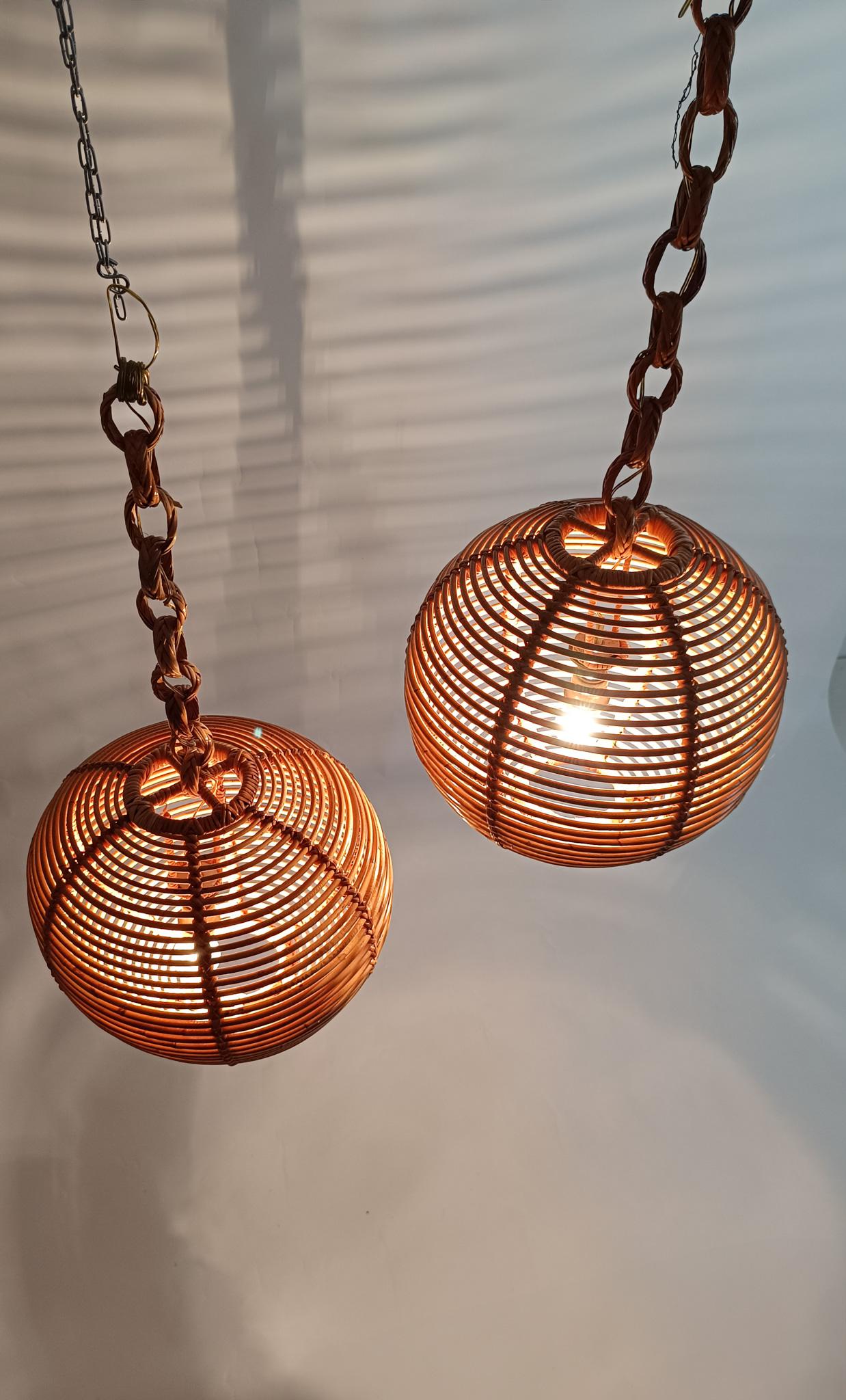 Pair of  Vintage Cane & Rattan Globe Pendants or Hanging Lights, 1970s For Sale 12