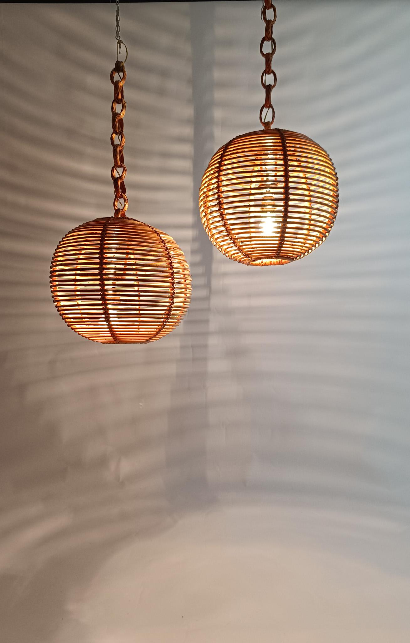 Pair of  Vintage Cane & Rattan Globe Pendants or Hanging Lights, 1970s For Sale 13
