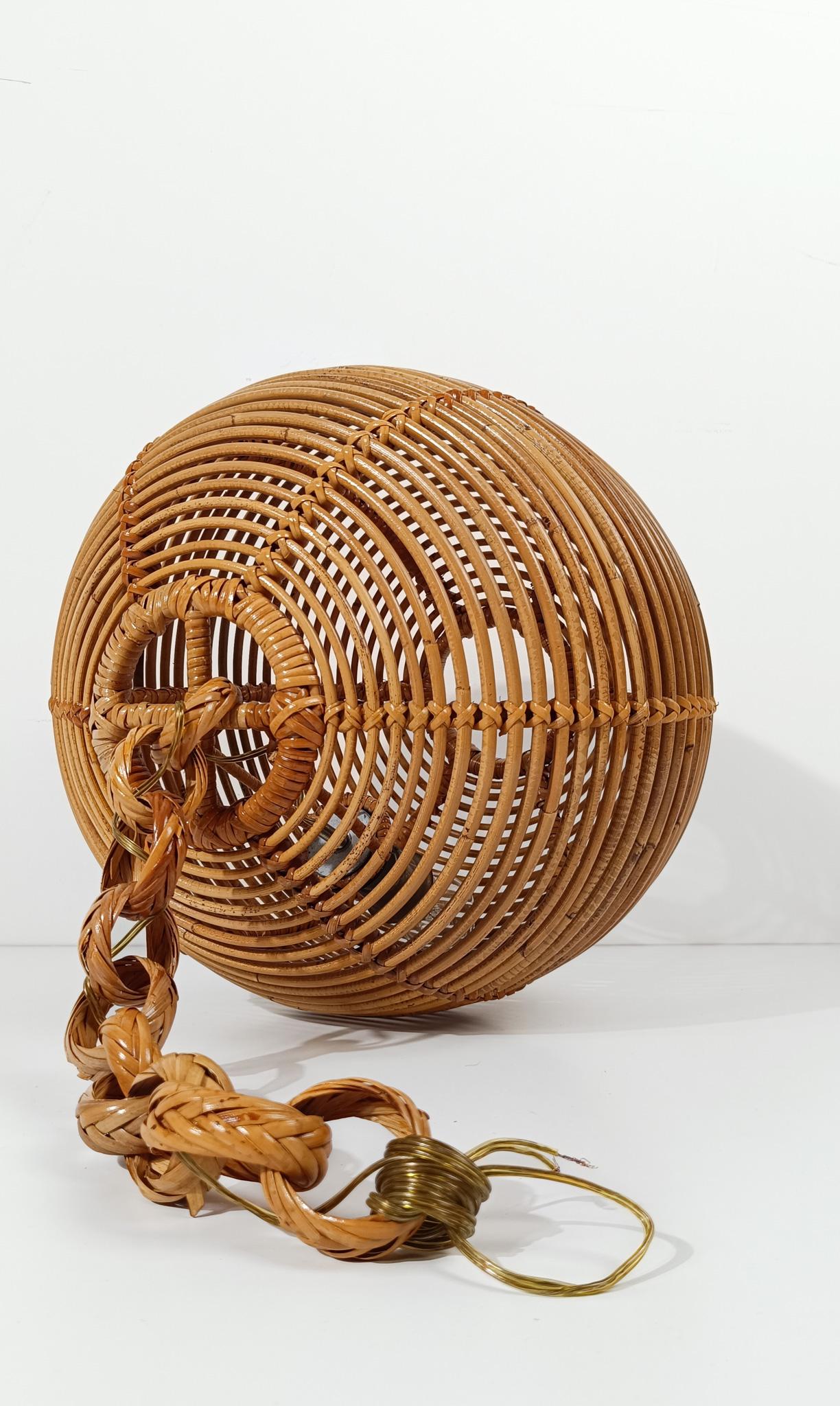 Italian Pair of  Vintage Cane & Rattan Globe Pendants or Hanging Lights, 1970s For Sale