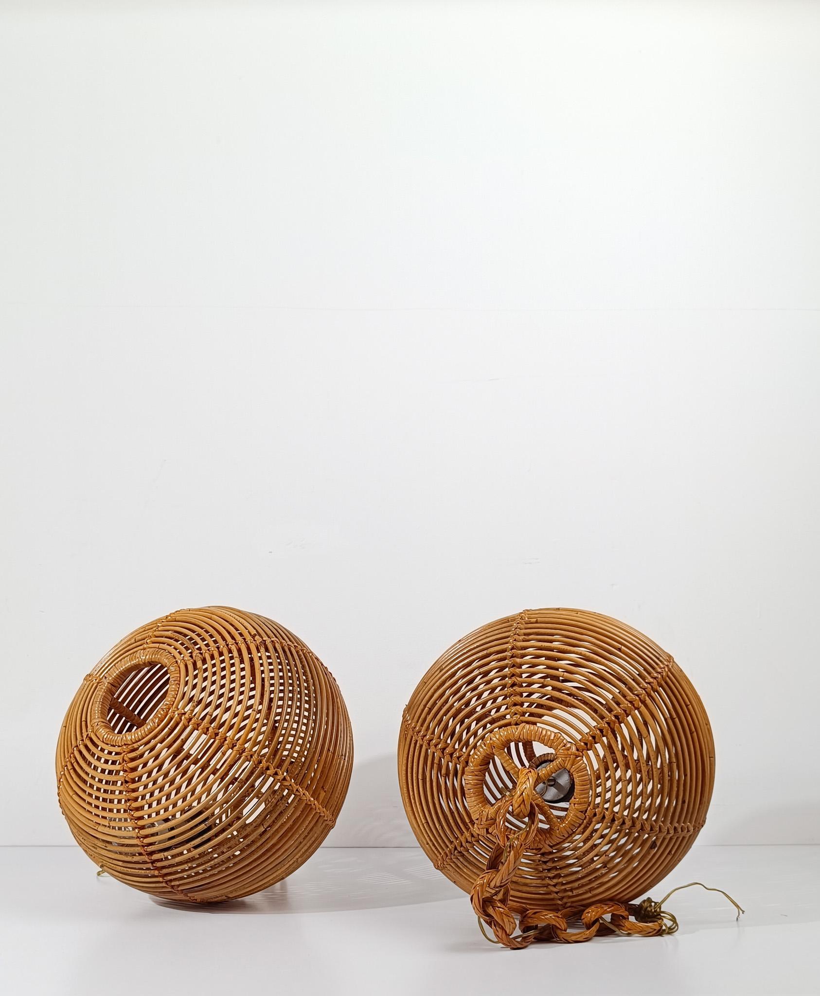 20th Century Pair of  Vintage Cane & Rattan Globe Pendants or Hanging Lights, 1970s For Sale