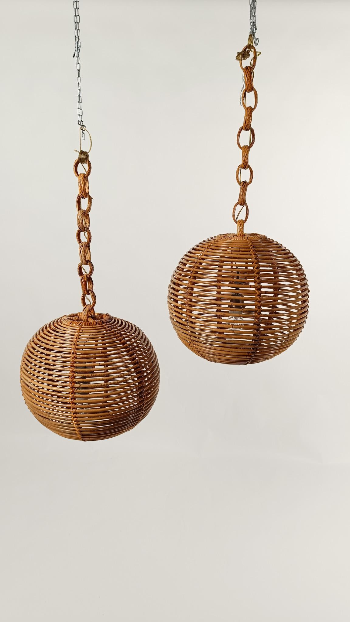 Pair of  Vintage Cane & Rattan Globe Pendants or Hanging Lights, 1970s For Sale 3