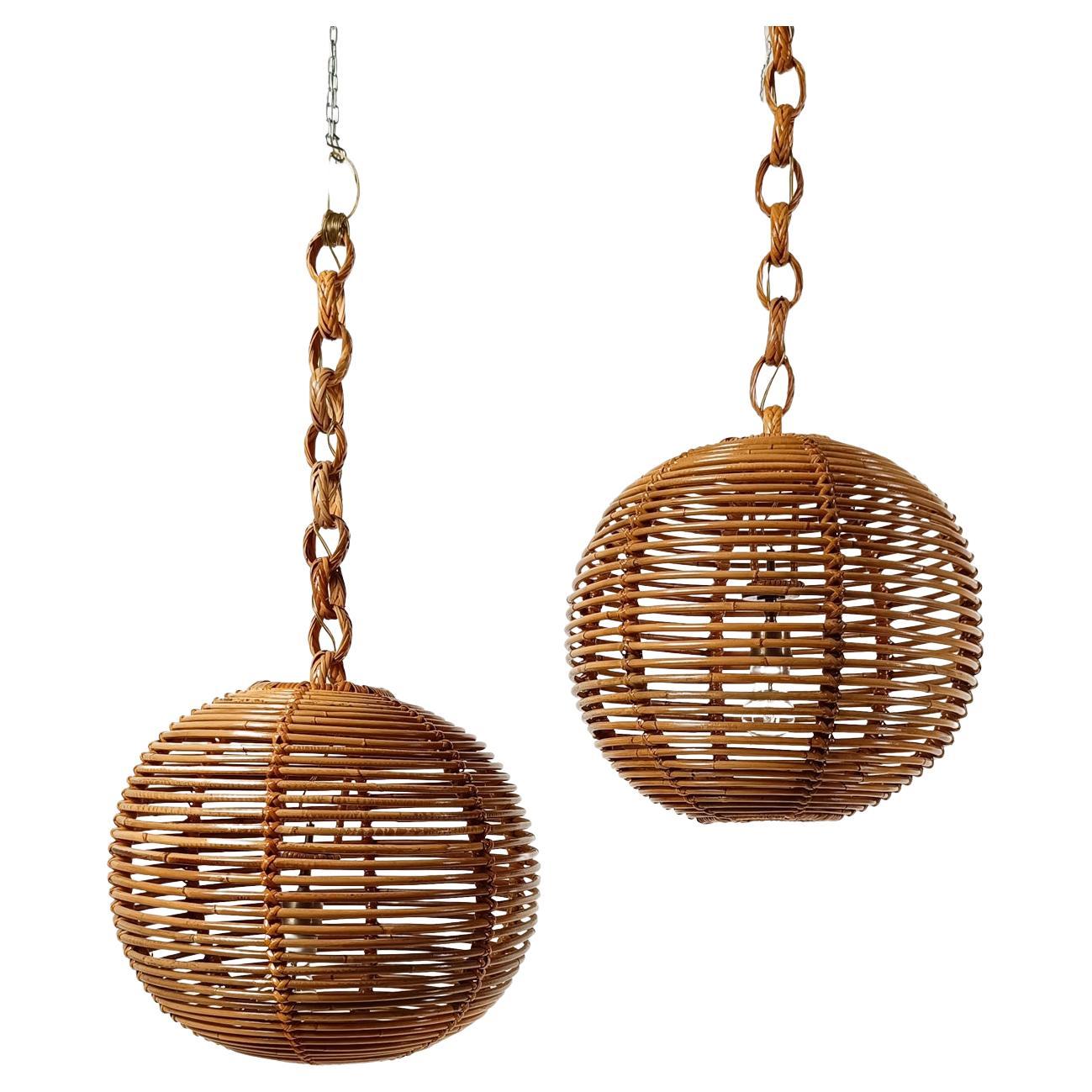 Pair of  Vintage Cane & Rattan Globe Pendants or Hanging Lights, 1970s For Sale