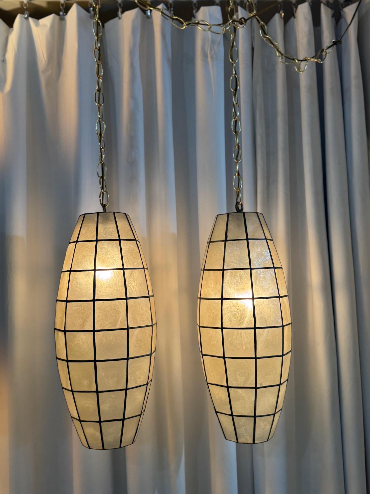 Mid-Century Modern Pair of Vintage Capiz Shell Pendant Lights with Black Grid Detailing
