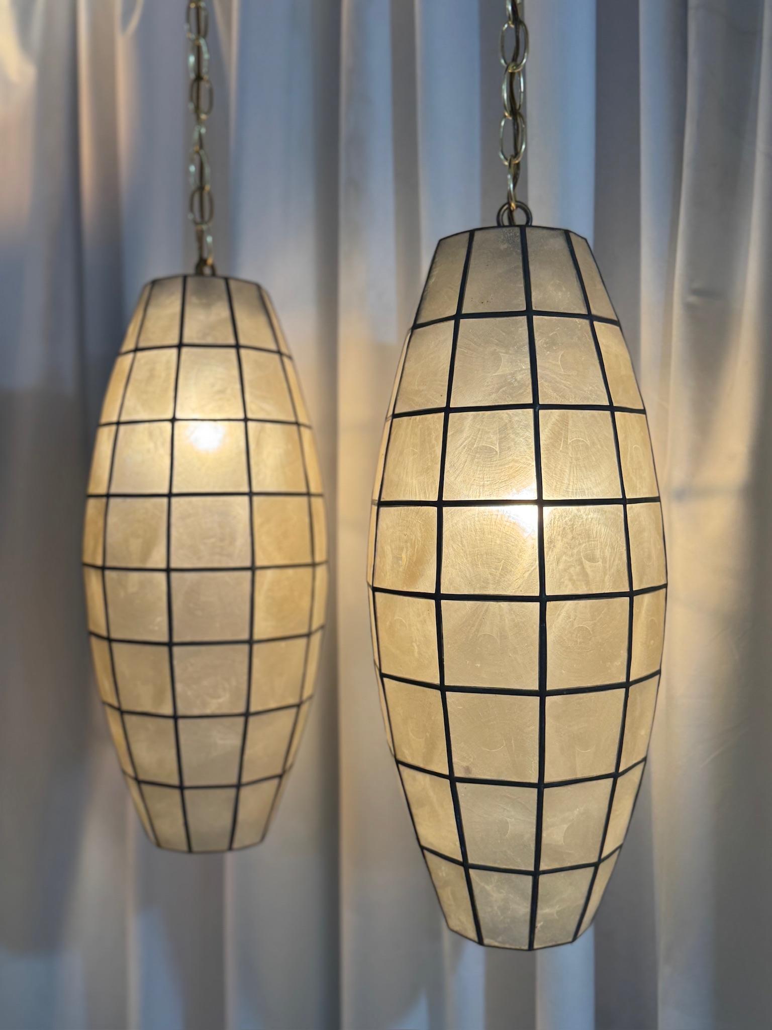 Philippine Pair of Vintage Capiz Shell Pendant Lights with Black Grid Detailing