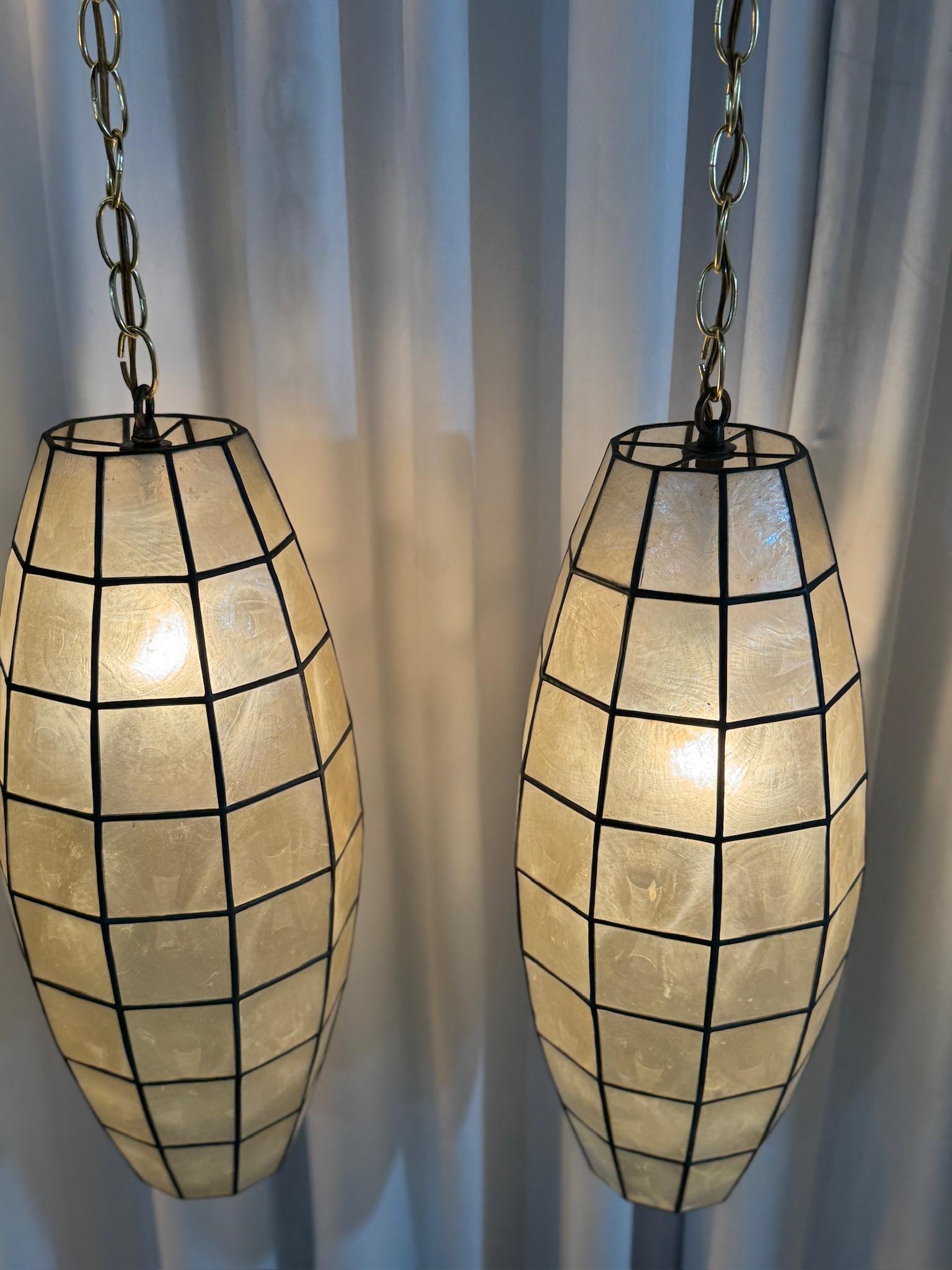 Hand-Crafted Pair of Vintage Capiz Shell Pendant Lights with Black Grid Detailing