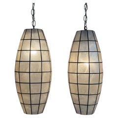 Pair of Vintage Capiz Shell Pendant Lights with Black Grid Detailing