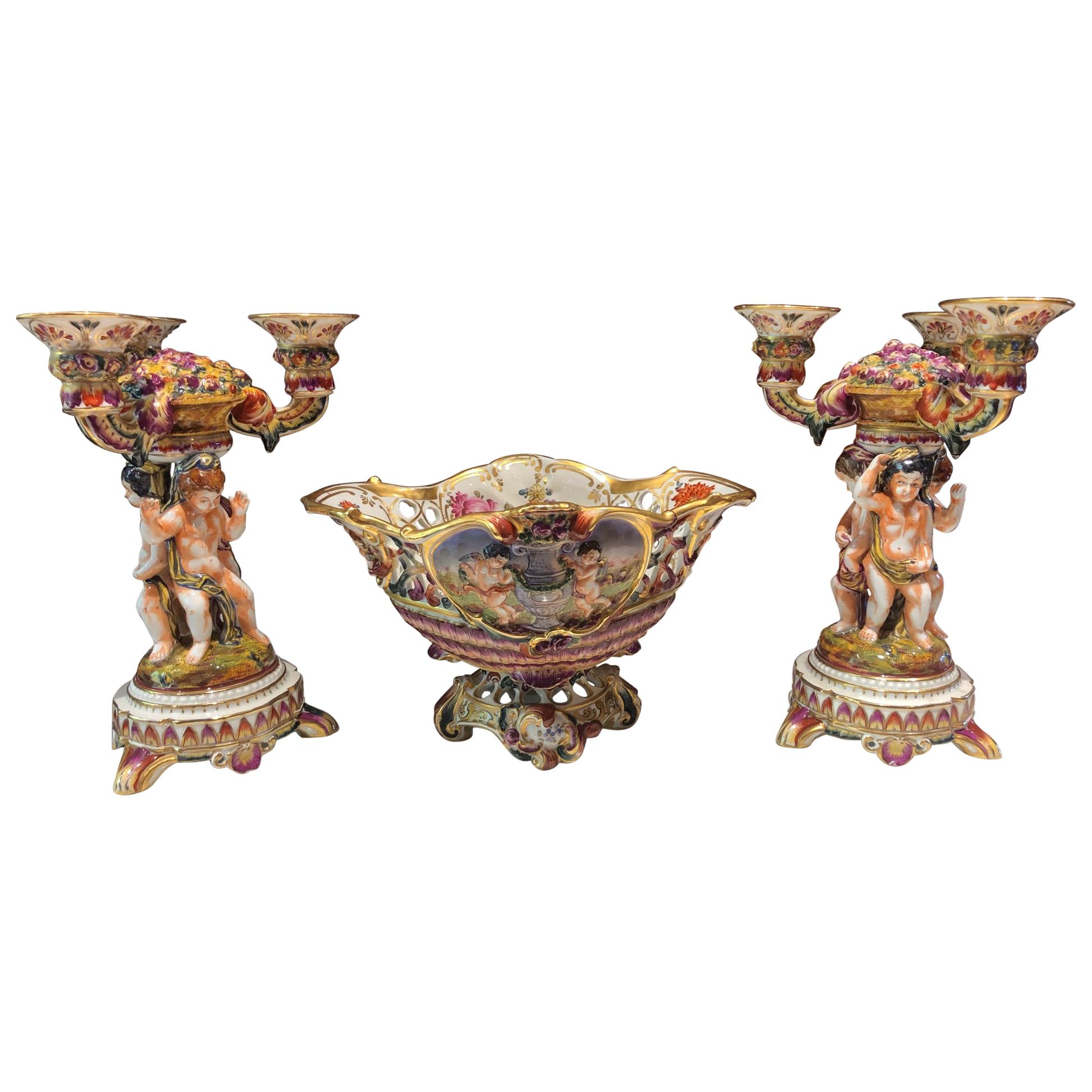 Pair of Vintage Capodimonte Candelabra and Compote