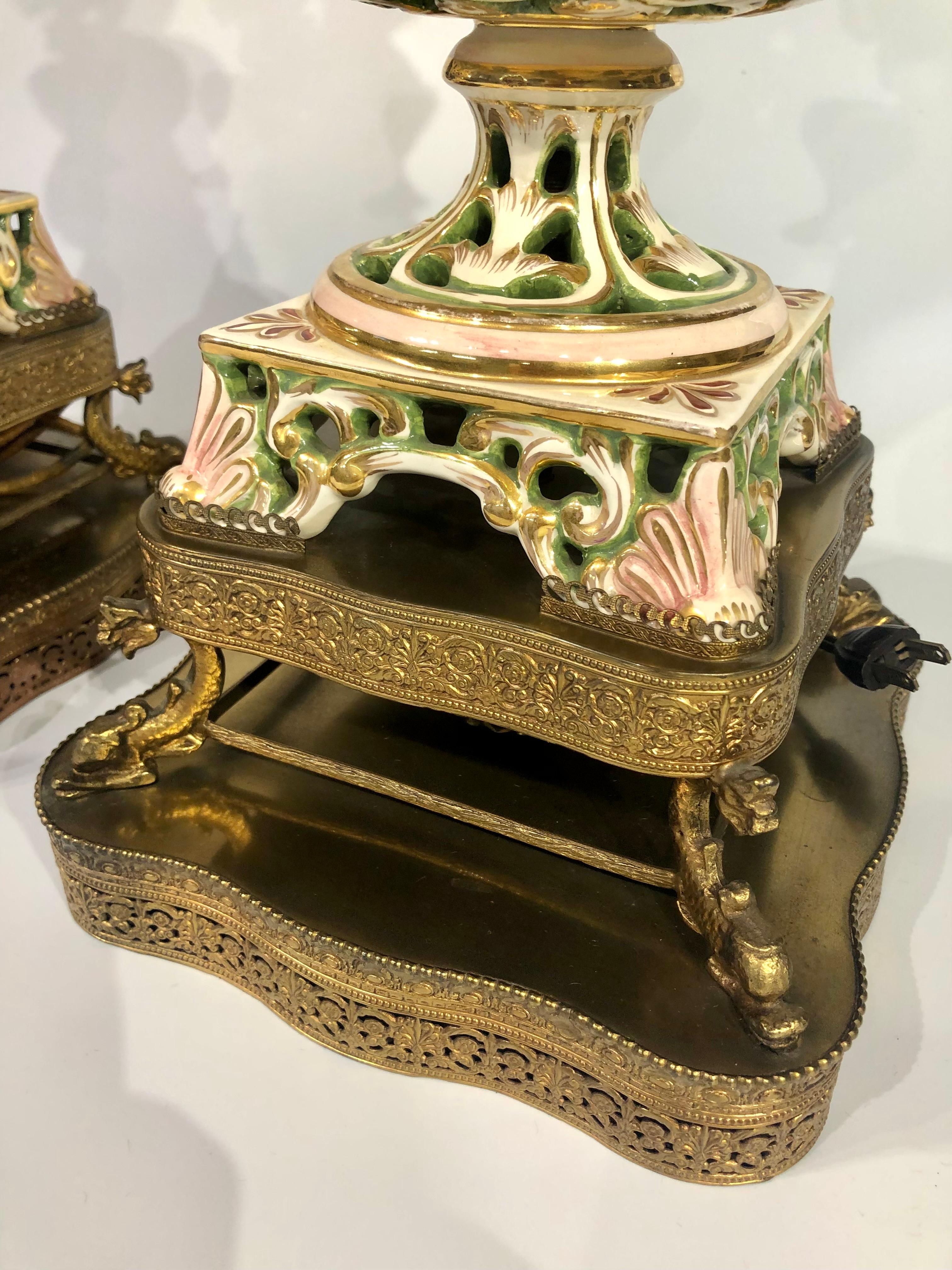 Pair of Vintage Capodimonte ceramic lamps with figurative bacchanal scene For Sale 7