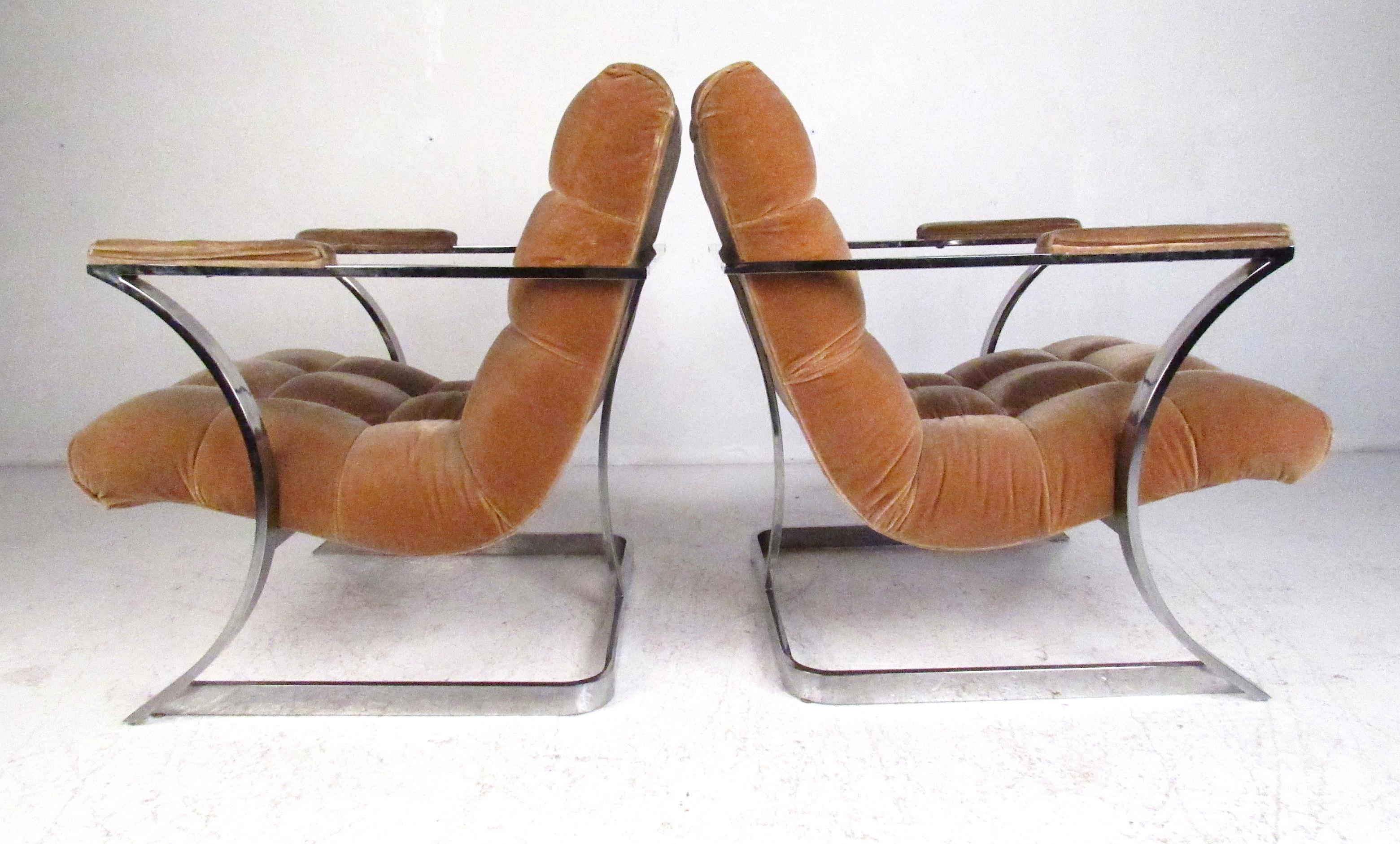 Mid-Century Modern Pair of Vintage Carsons Flat Bar Floating Sling Chairs after Milo Baughman