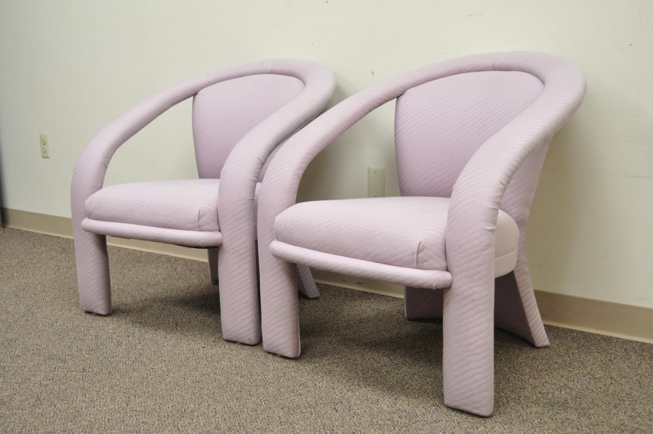 Great pair of sculptural Mid-Century Modern / Hollywood Regency style lavender lounge armchairs by Carson's, circa 1992, USA. Measures: 32