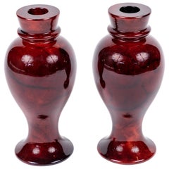 Vintage Pair of Carved Alabaster Candleholders, Dyed Red with a High Gloss Finish