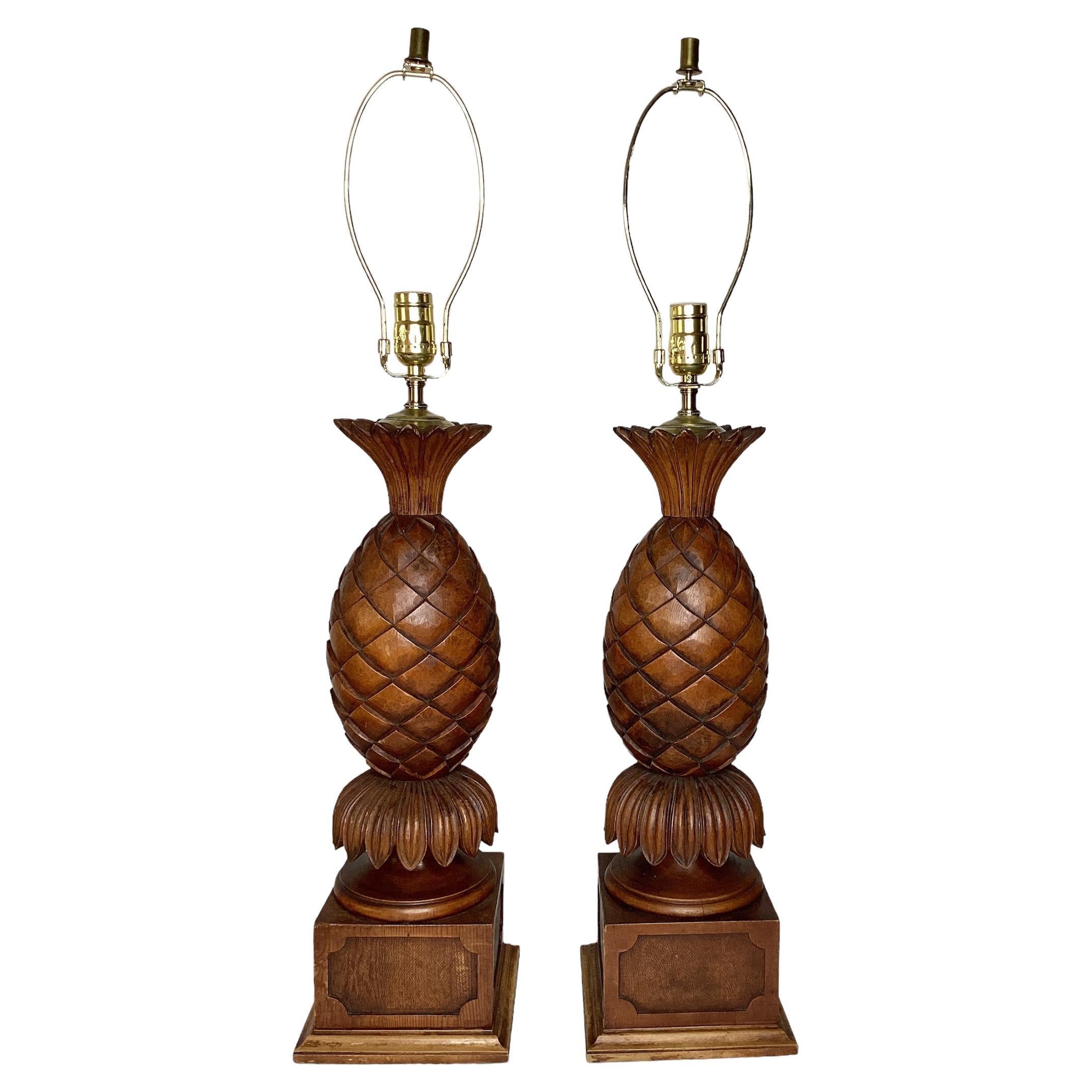 Pair of Vintage Carved Fruitwood Pineapple Lamps For Sale