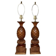 Pair of Vintage Carved Fruitwood Pineapple Lamps