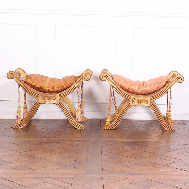 Empire Pair of Vintage Carved Gilt X-Frame Stools