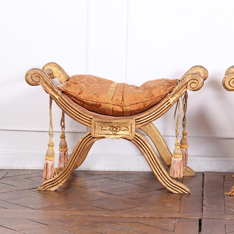 Gold Leaf Pair of Vintage Carved Gilt X-Frame Stools