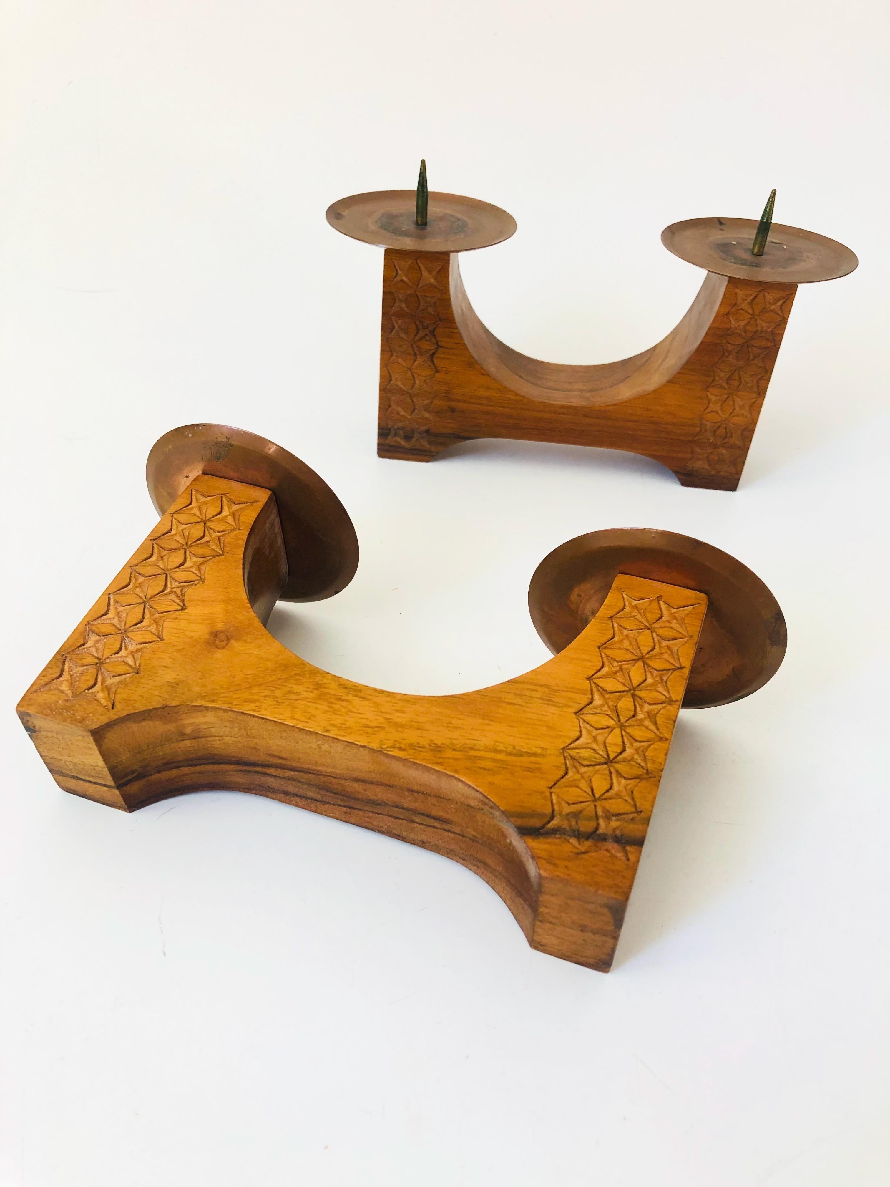 Pair of Vintage Carved with Candle Holders with Copper Tops 3