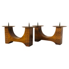 Pair of Vintage Carved with Candle Holders with Copper Tops