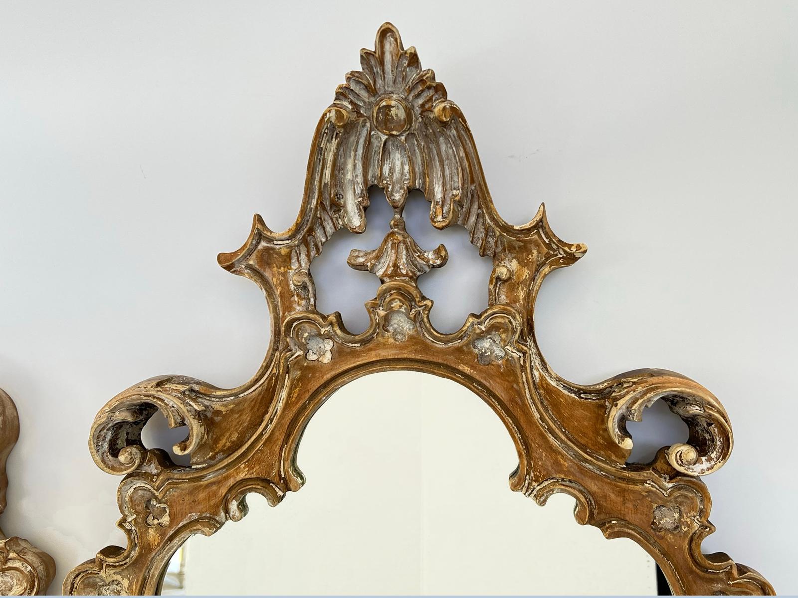 Hand-Carved Pair of Vintage, Carved Wood, Italian Mirrors with Pickled Finish