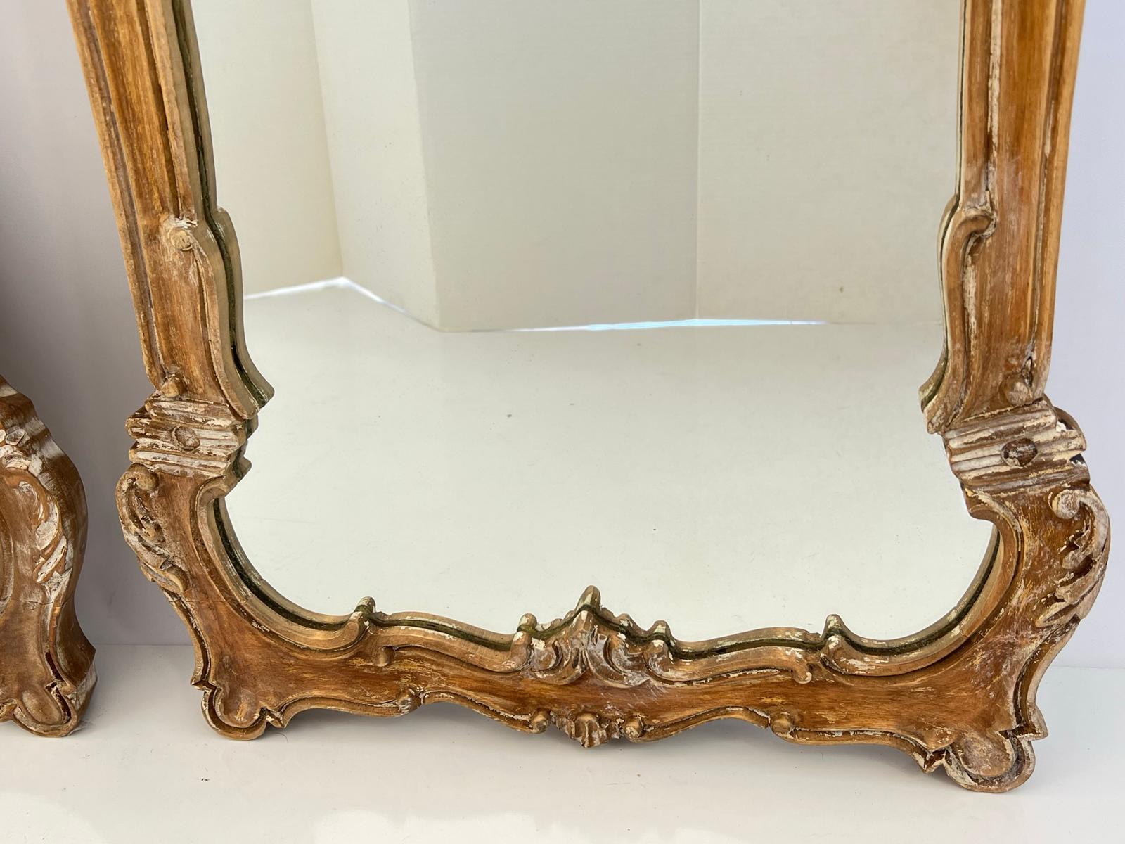 Pair of Vintage, Carved Wood, Italian Mirrors with Pickled Finish 2