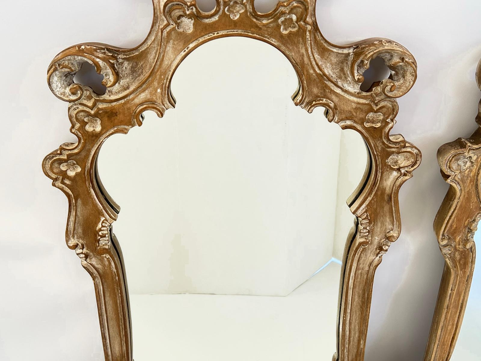 Pair of Vintage, Carved Wood, Italian Mirrors with Pickled Finish 3