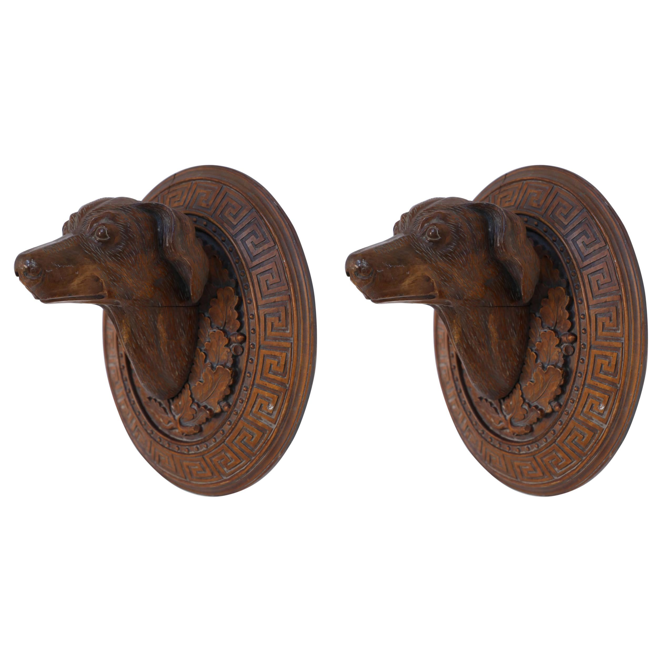 Pair of Vintage Carved Wooden Dog Head Wall Plaques