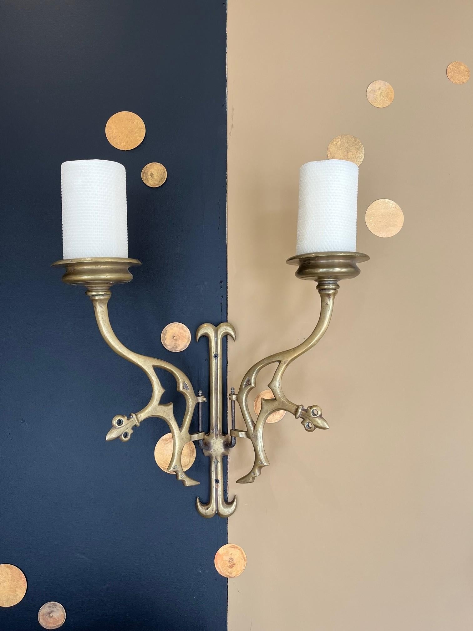 Pair Of Vintage Cast Brass Candleholders, Wall Sconces For Sale 5