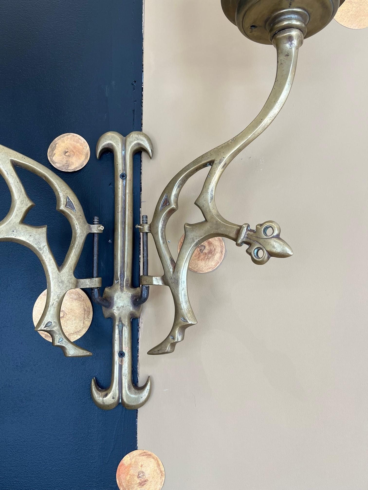 Pair Of Vintage Cast Brass Double Swing Arm Candleholders, Wall Sconces, Gothic Fleurs De Lis, Circa 19th Century