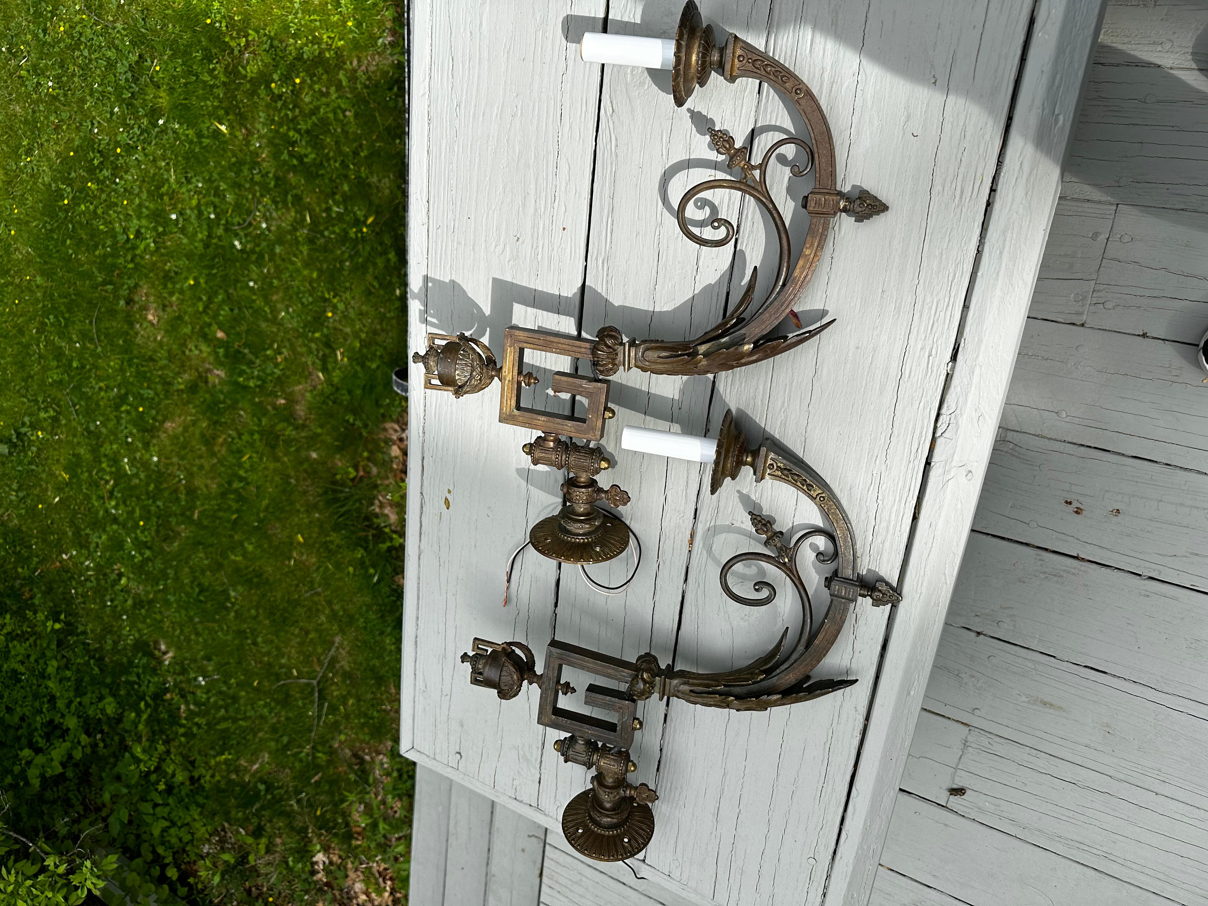 Old Lights On is pleased to offer this amazing pair of vintage cast brass gas wall sconces. They have been fully restored, wired and are ready to install in your home. We ship everywhere. They will go well with other fixtures and furnishings. Great