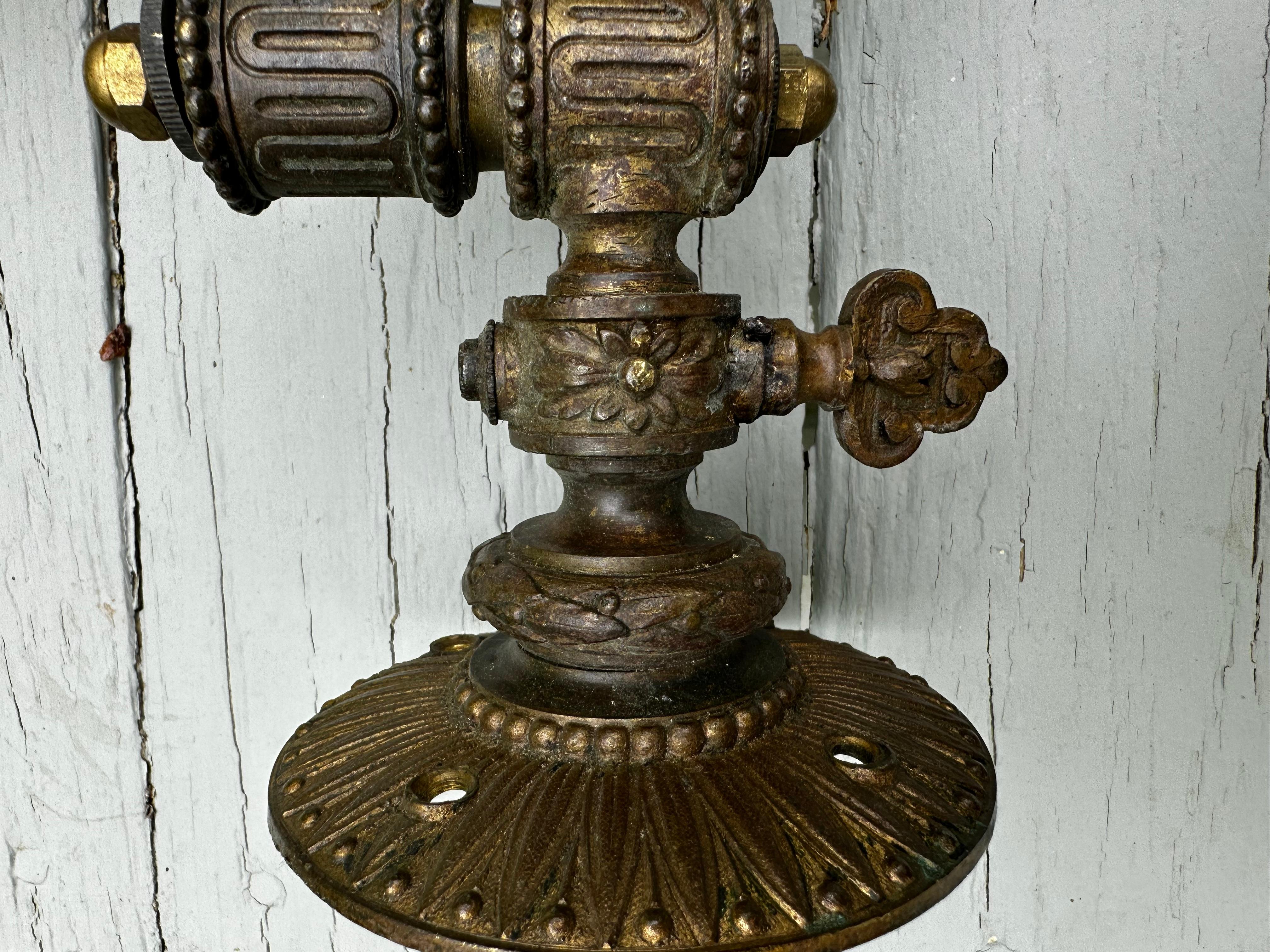 Pair of Vintage Cast Brass Restored Gas Wall Sconces In Good Condition In Farmington, CT