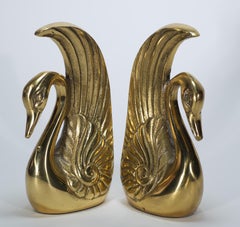 Pair of Vintage Cast Brass Swan Bookends, Art Deco Style