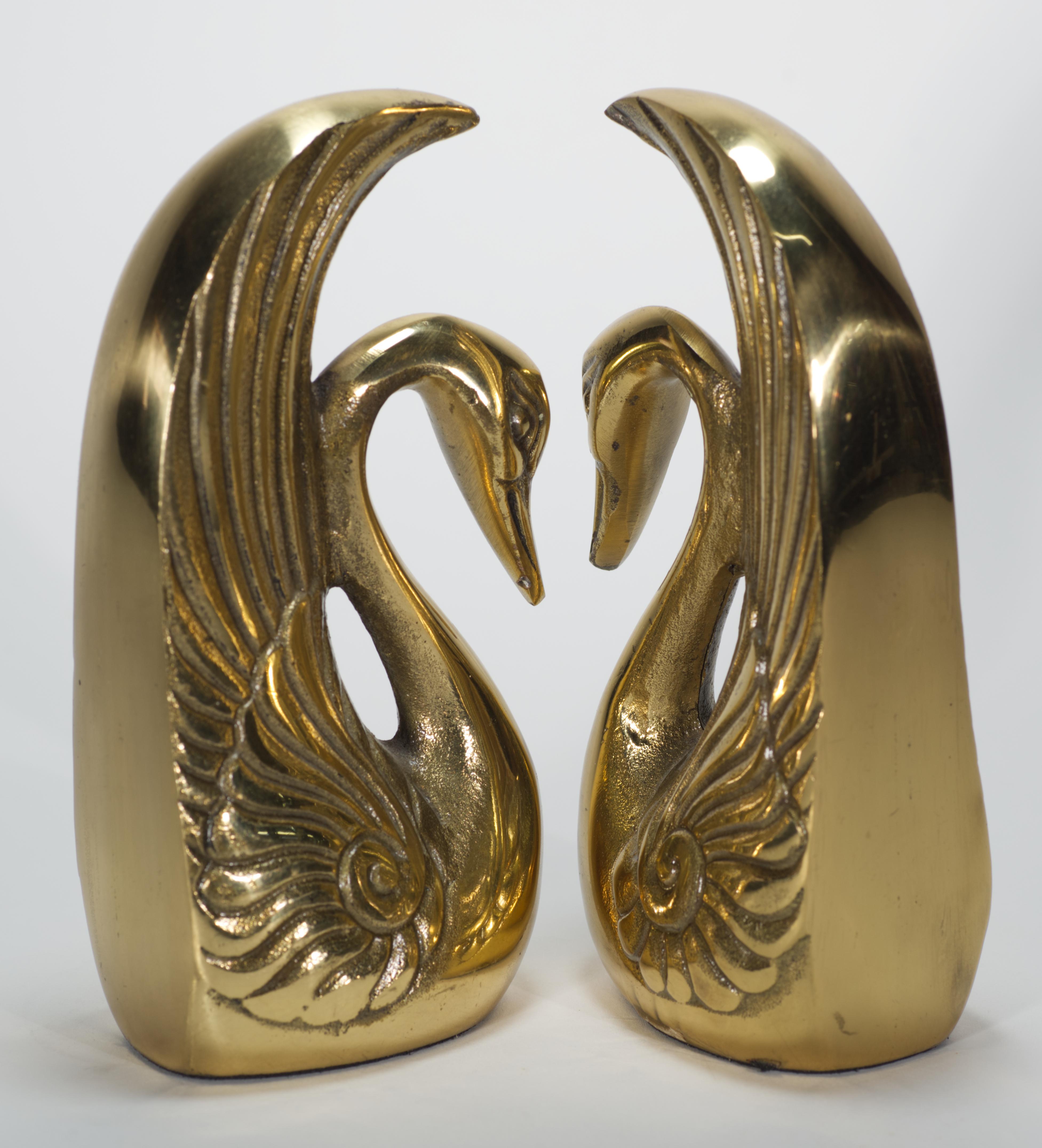 Korean Pair of Vintage Cast Brass Swan Bookends, Art Deco Style For Sale