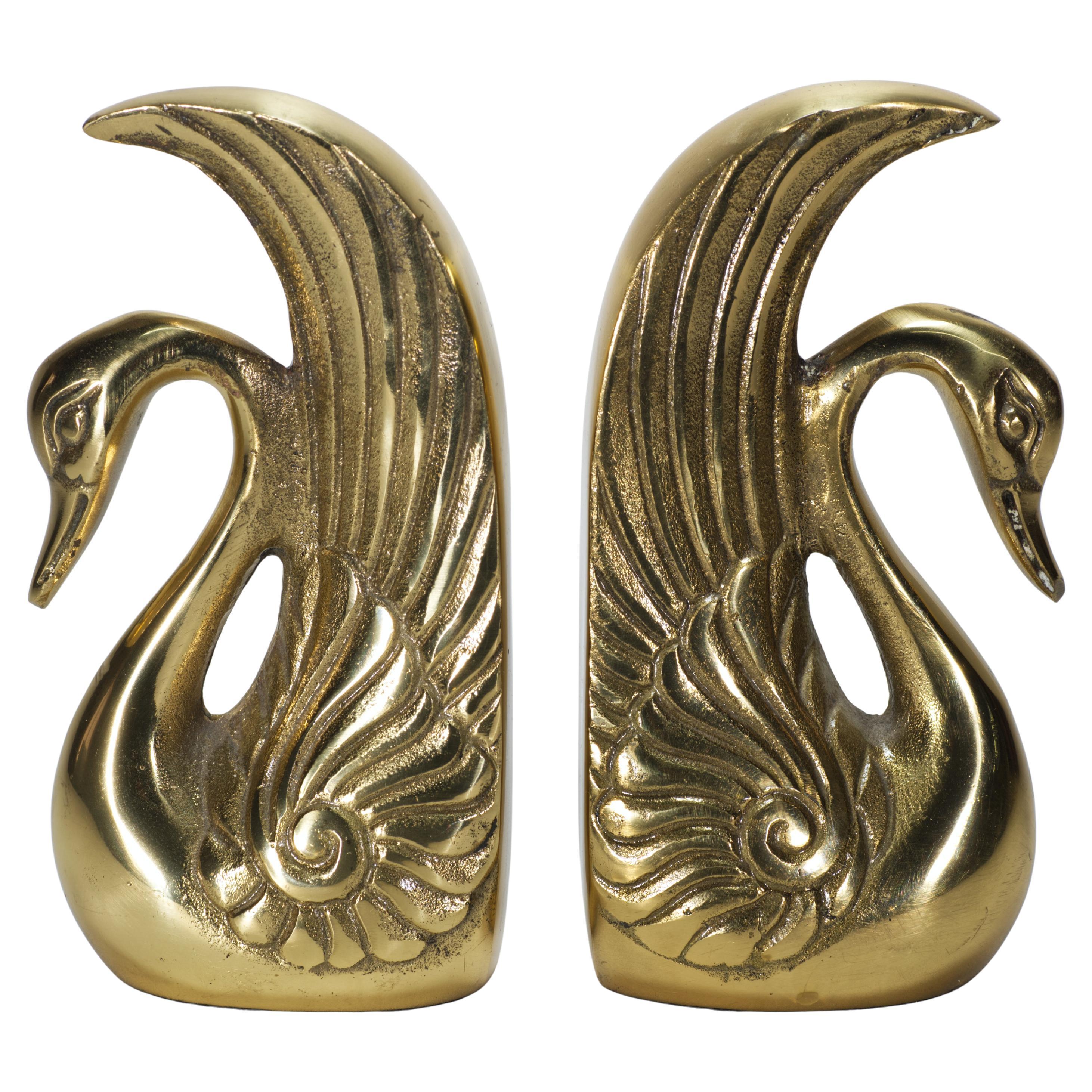 Pair of Vintage Cast Brass Swan Bookends, Art Deco Style
