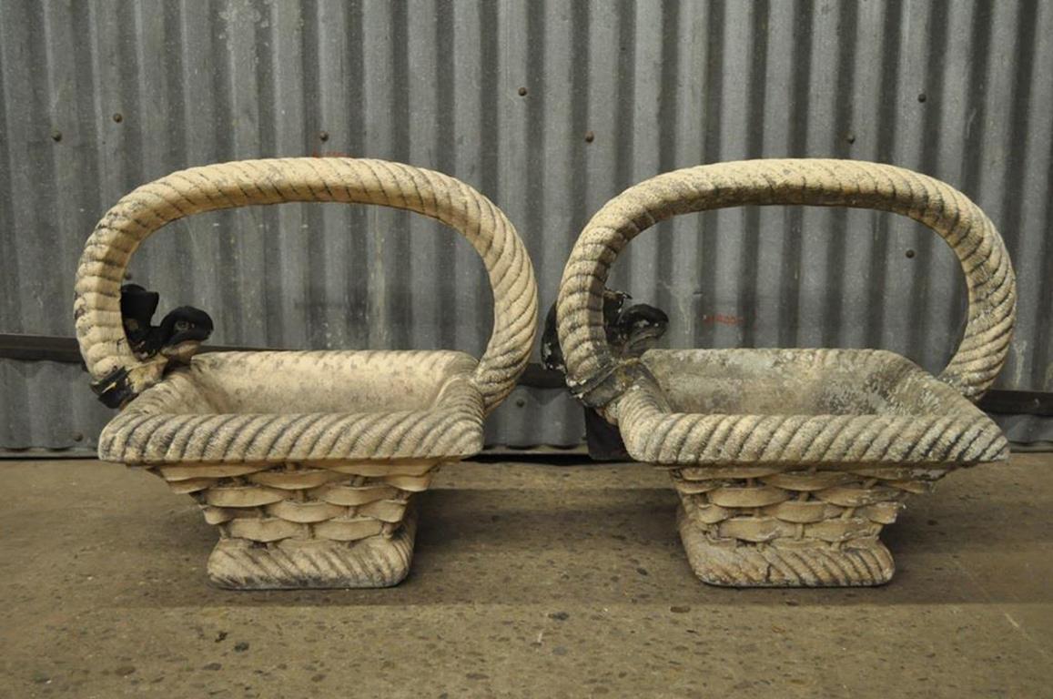 Pair of Vintage Cast Concrete Basket Form Outdoor Garden Planters Jardineres 6
