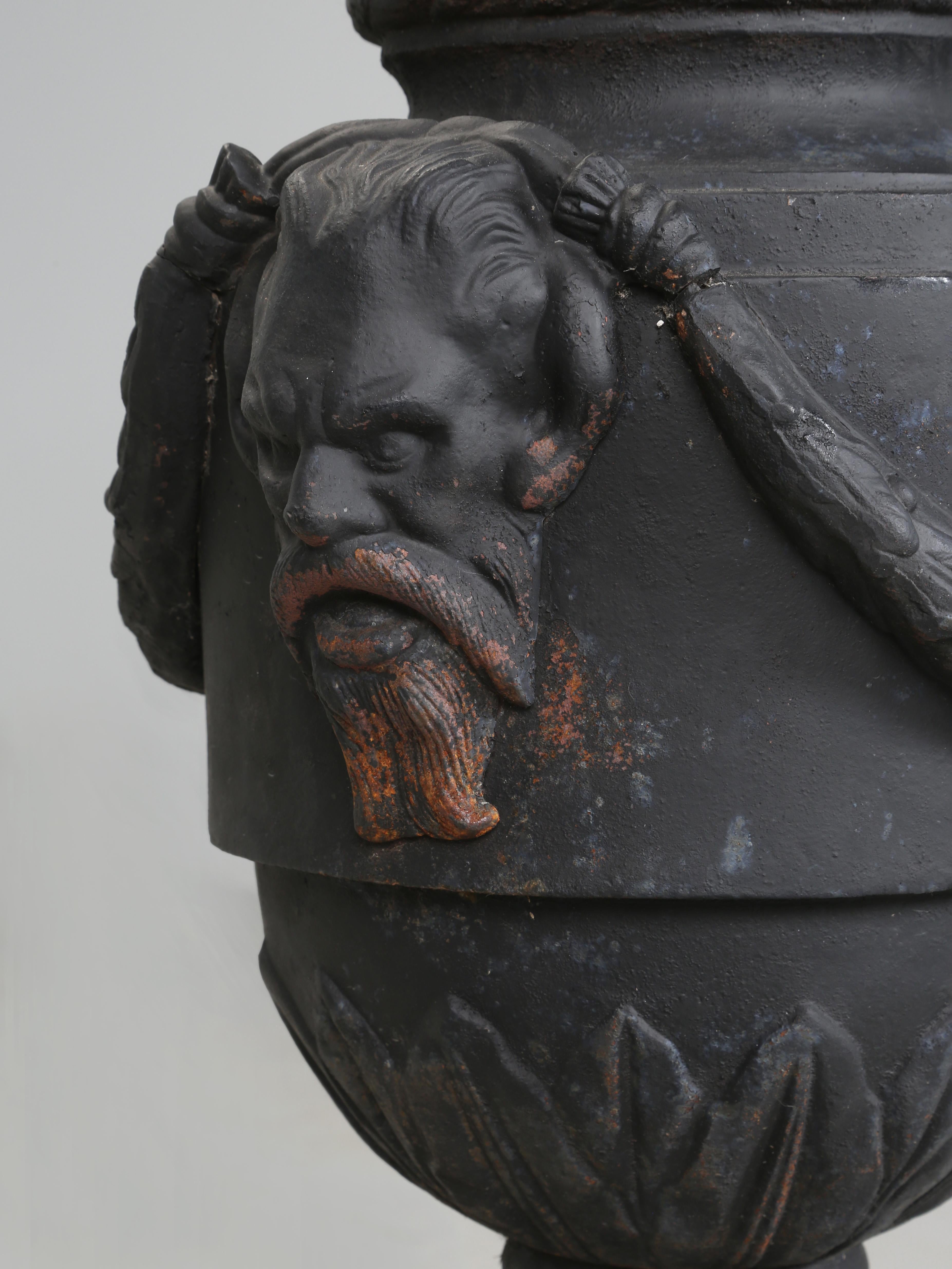 Pair of vintage Cast Iron Neoclassical Urns Matching Cast Iron Plinths c1900's For Sale 6