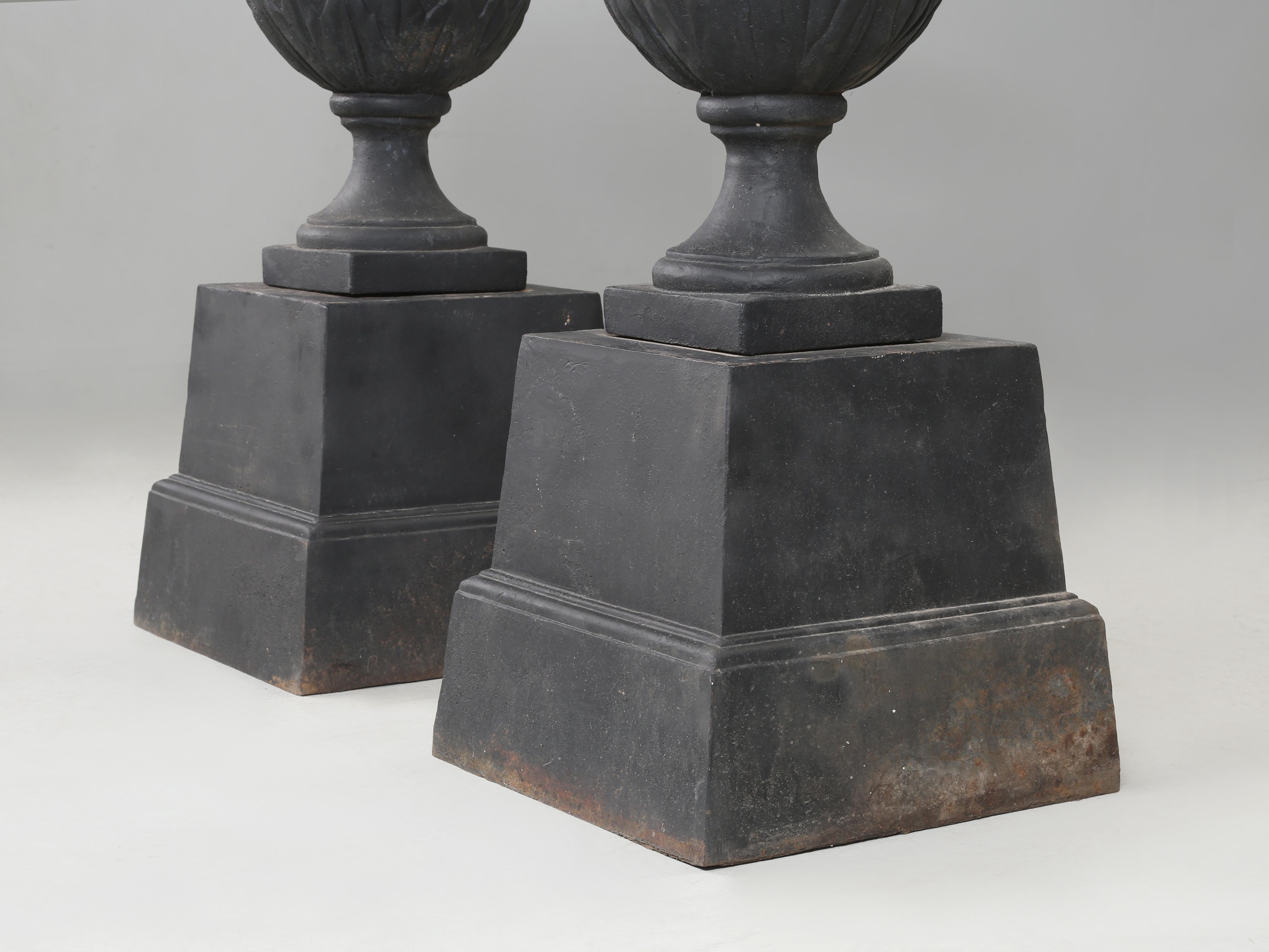 Pair of vintage Cast Iron Neoclassical Urns Matching Cast Iron Plinths c1900's For Sale 9