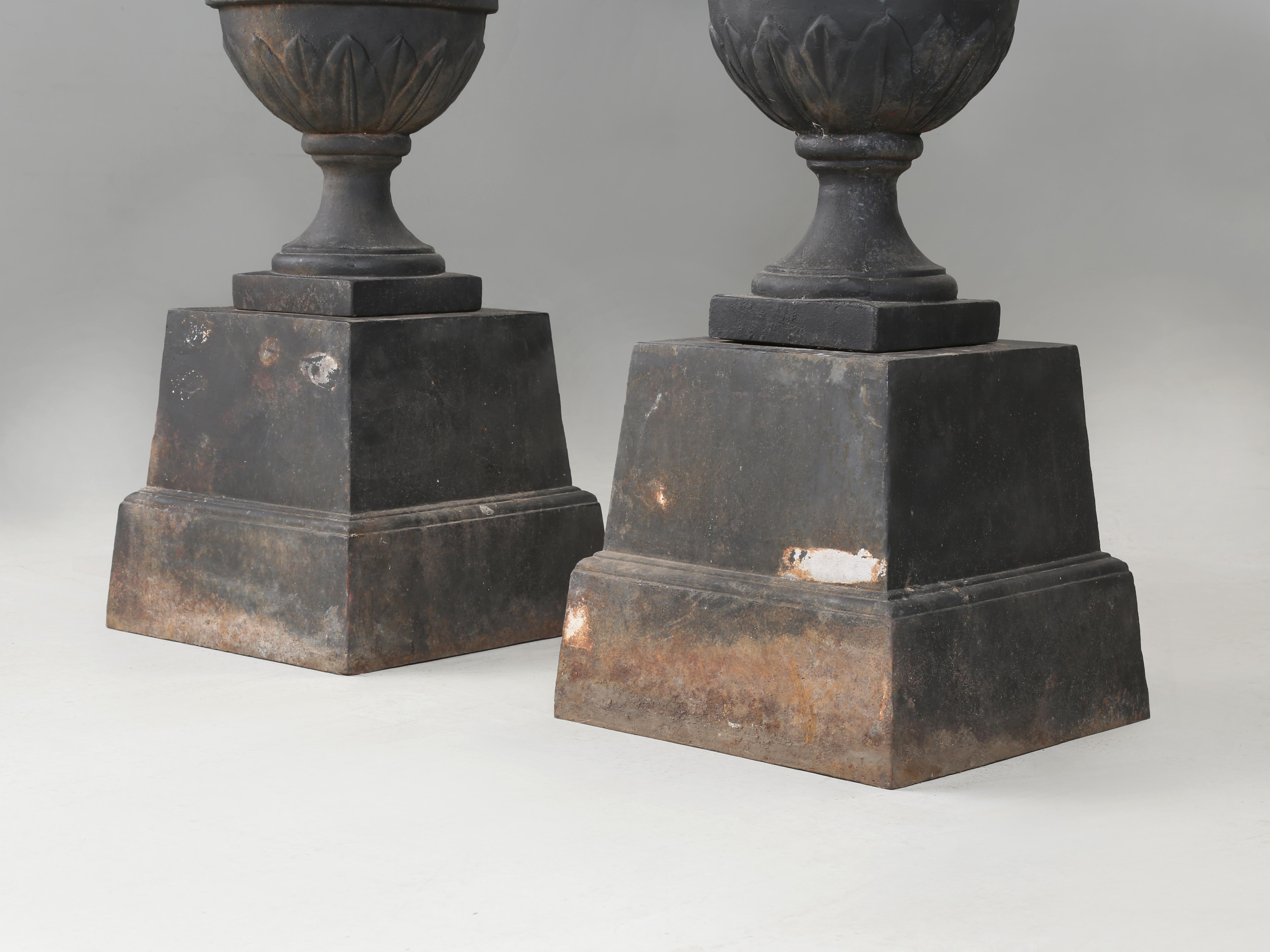 Pair of vintage Cast Iron Neoclassical Urns Matching Cast Iron Plinths c1900's For Sale 11