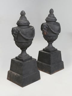 Pair of vintage Cast Iron Neoclassical Urns Matching Cast Iron Plinths c1900's