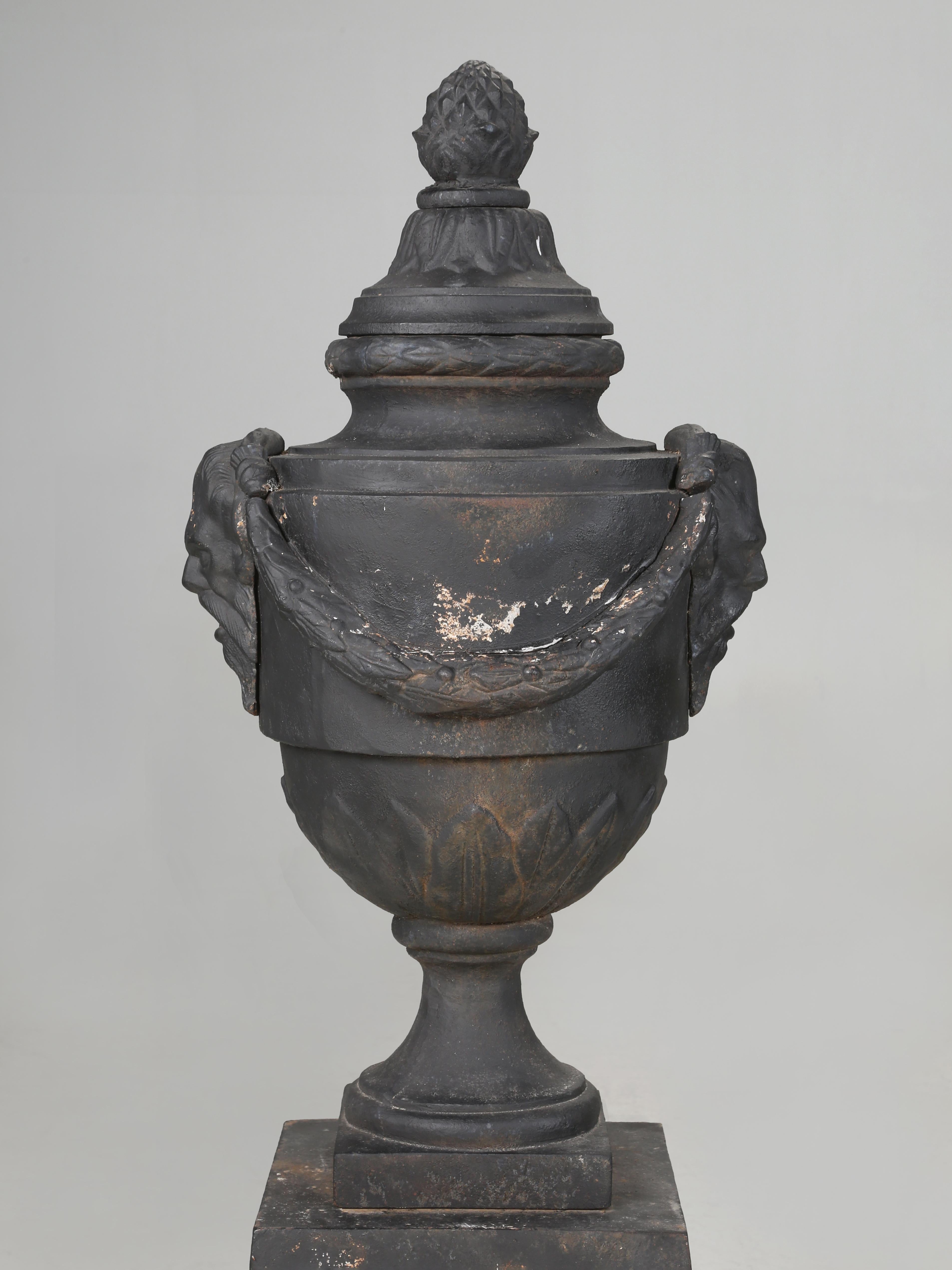 Early 20th Century Pair of vintage Cast Iron Neoclassical Urns Matching Cast Iron Plinths c1900's For Sale